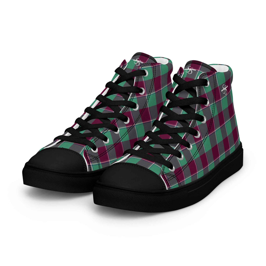 Women’s High Top Canvas Shoes Ocean Green and Mulberry Wood Plaid - Scottish Squares