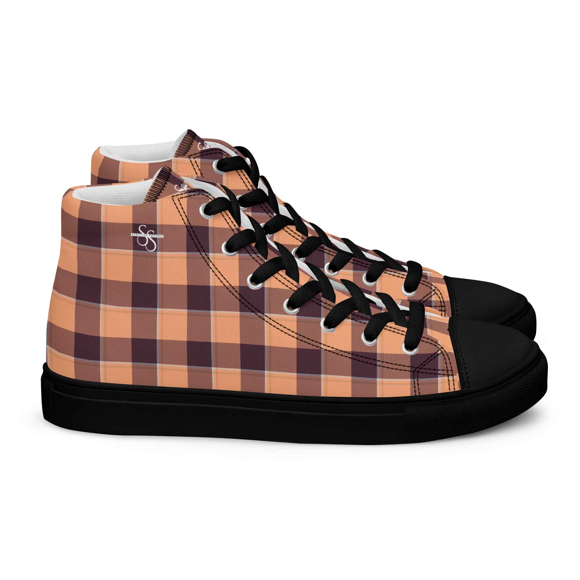 Women’s High Top Canvas Shoes Hit Pink and Livid Brown Plaid 12 - Scottish Squares