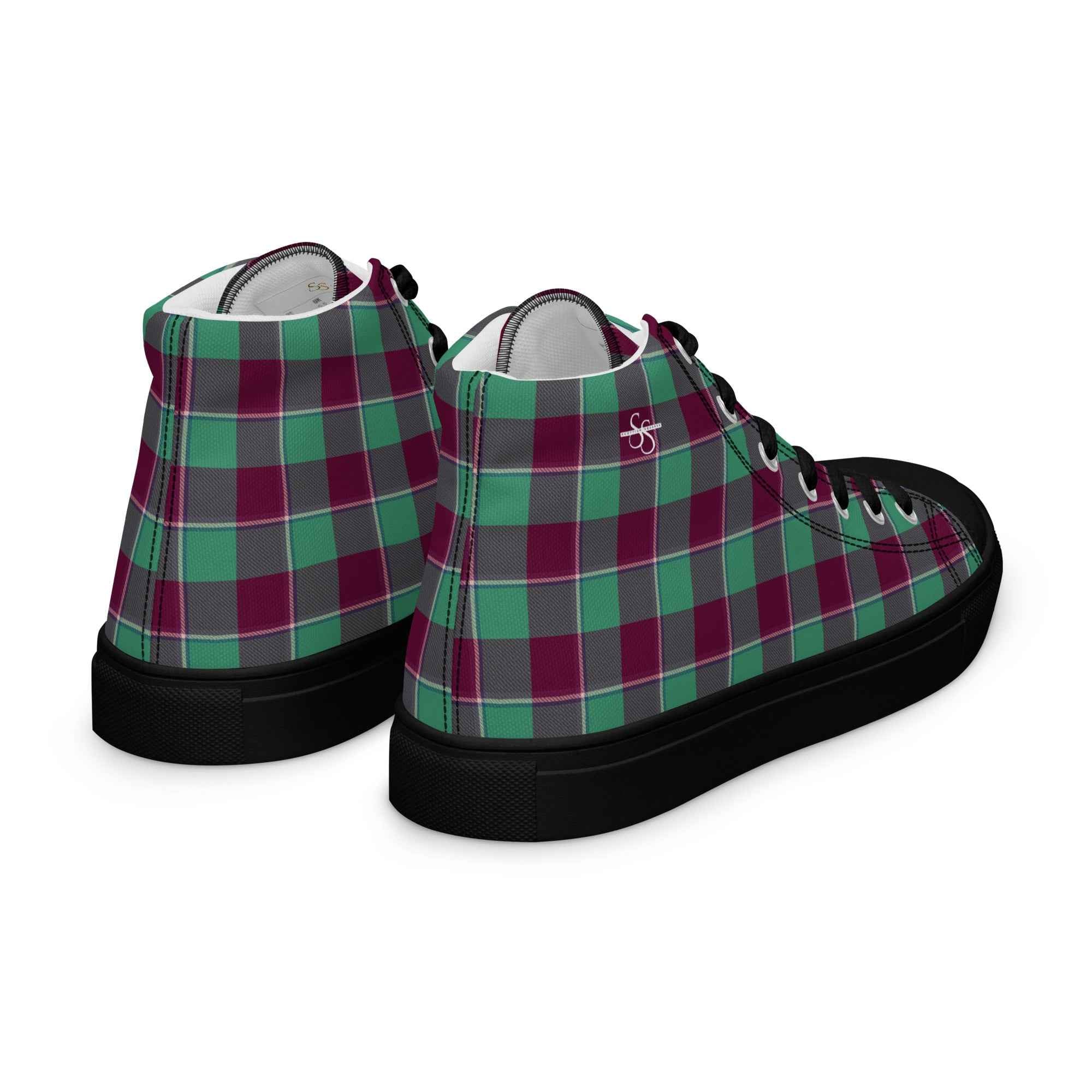 Women’s High Top Canvas Shoes Ocean Green and Mulberry Wood Plaid - Scottish Squares