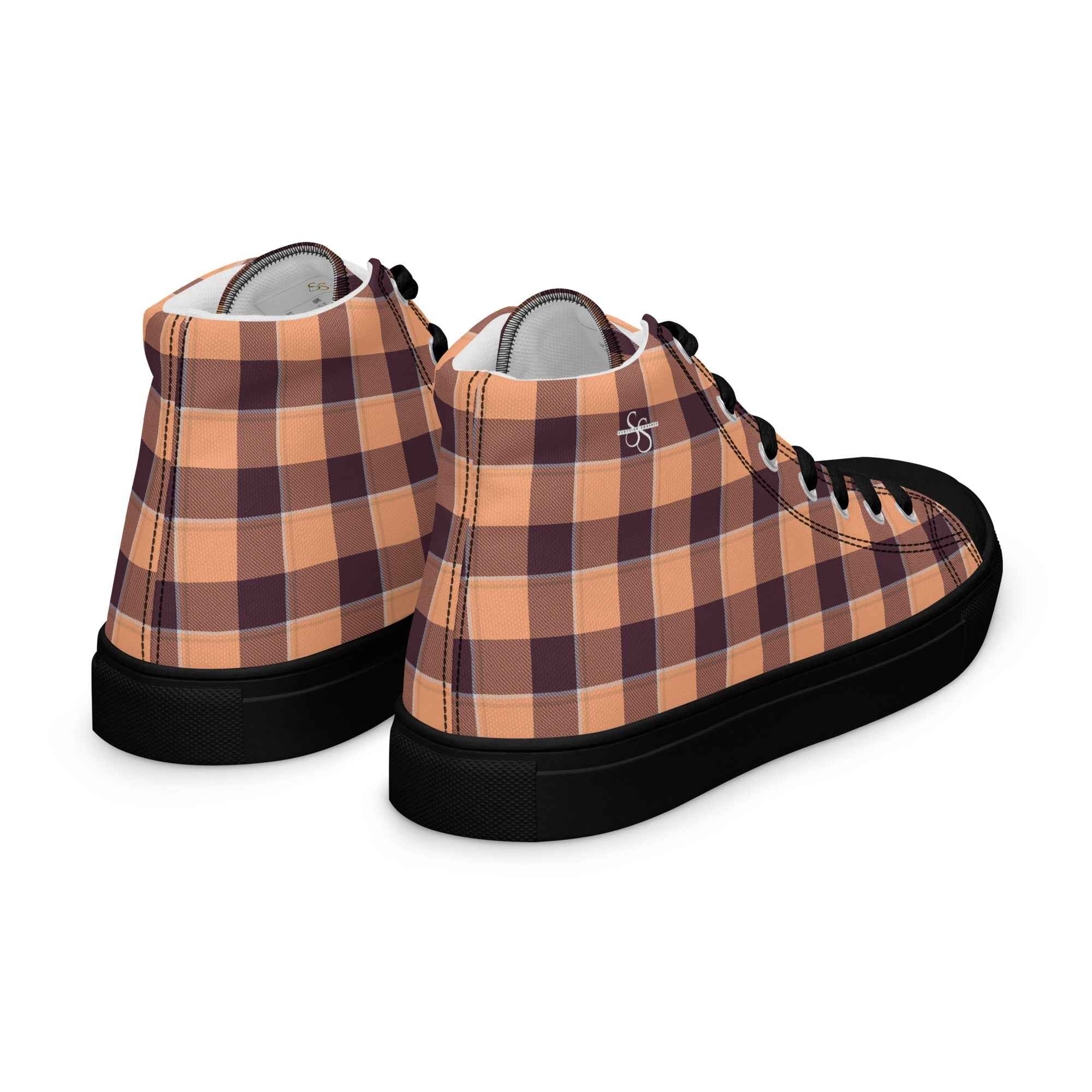 Women’s High Top Canvas Shoes Hit Pink and Livid Brown Plaid - Scottish Squares