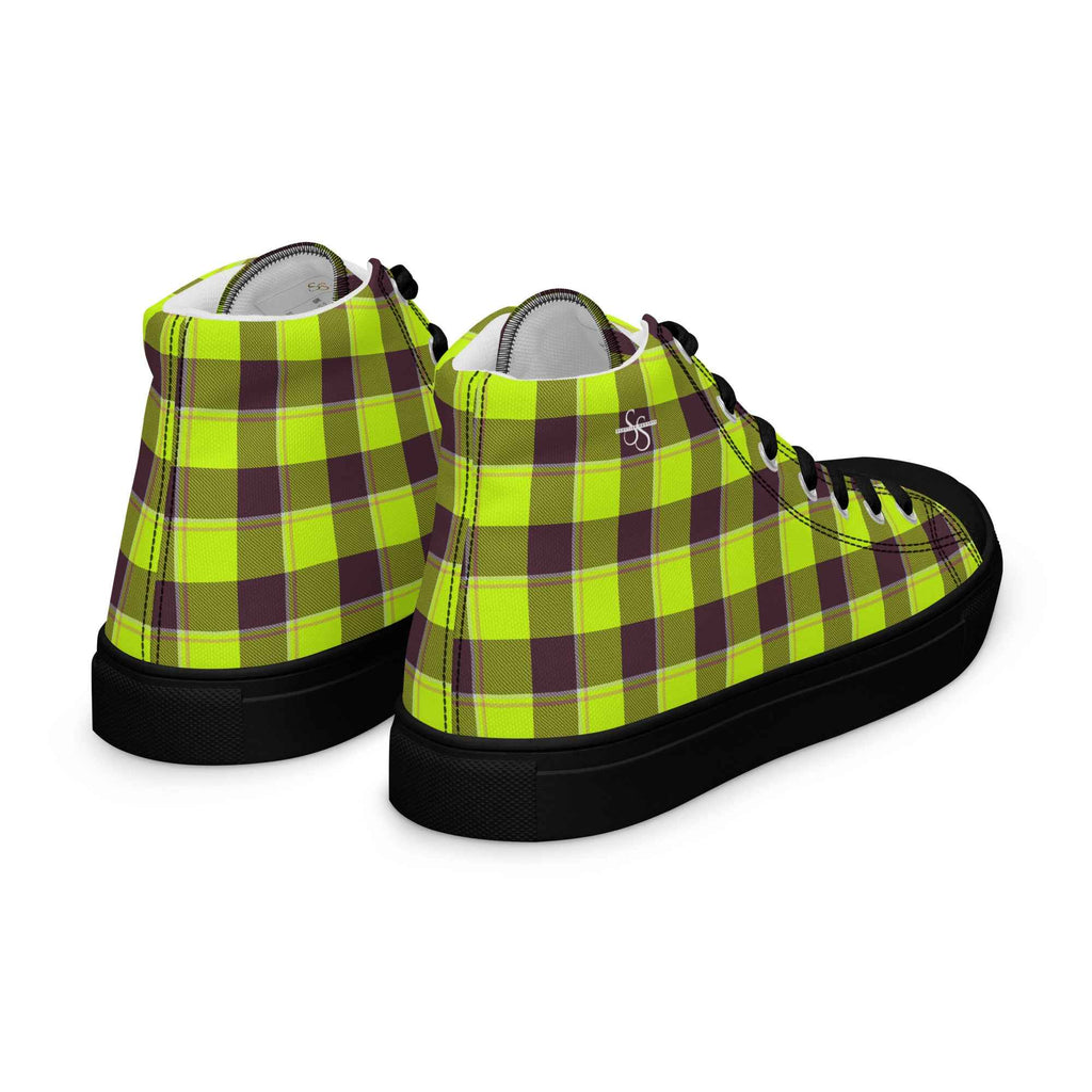 Women’s High Top Canvas Shoes Electric Lime and Livid Brown Plaid - Scottish Squares