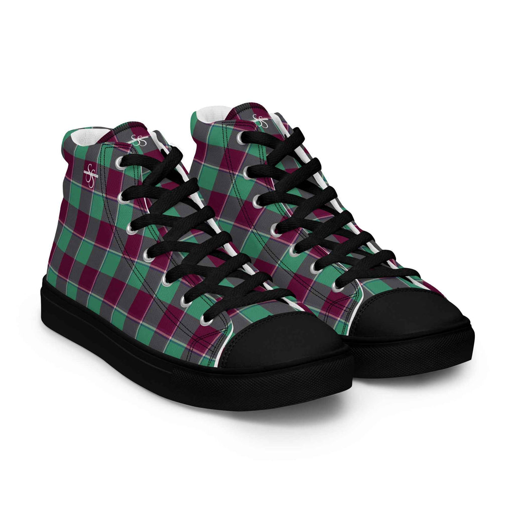 Women’s High Top Canvas Shoes Ocean Green and Mulberry Wood Plaid - Scottish Squares