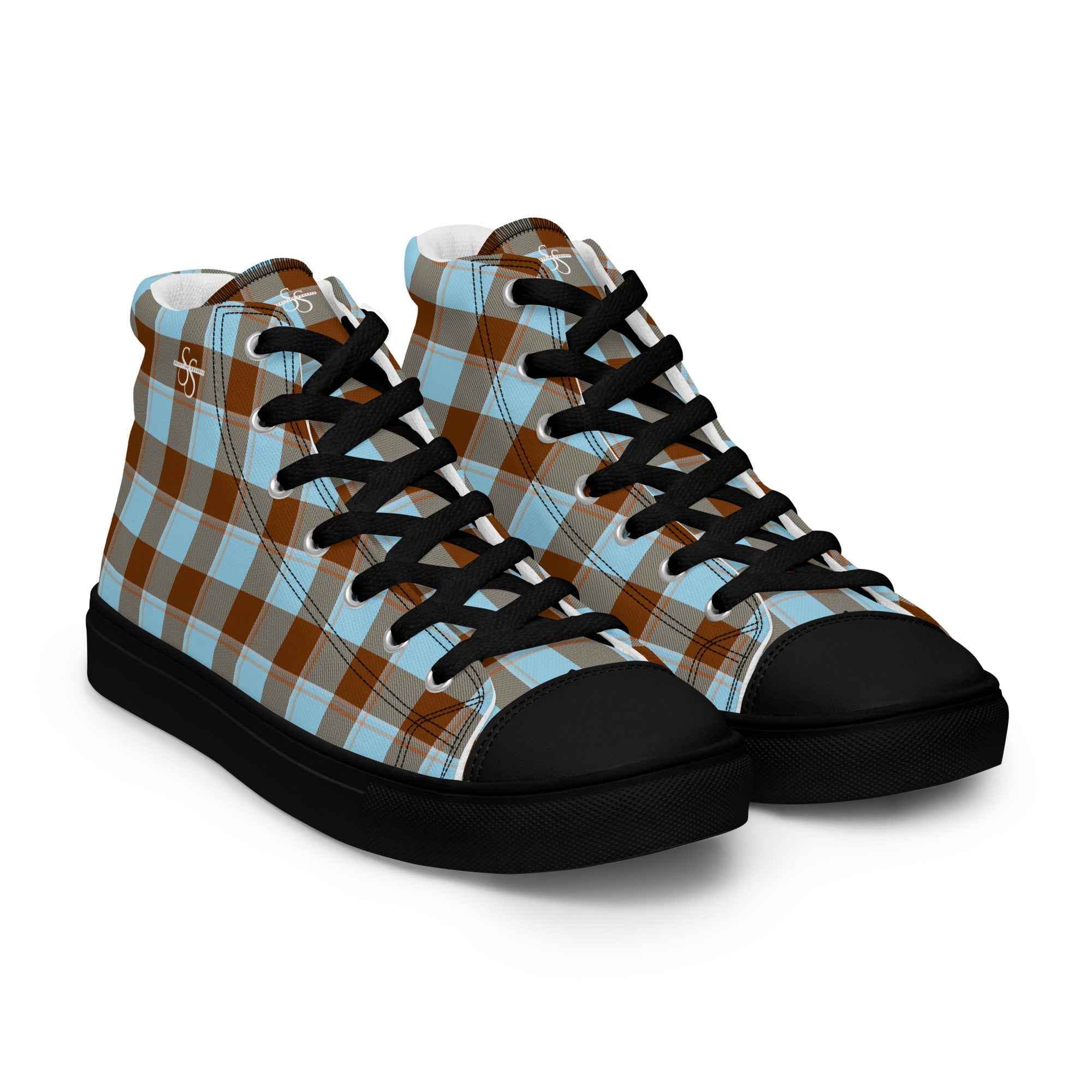 Women’s High Top Canvas Shoes Blizzard Blue and Livid Brown Plaid - Scottish Squares