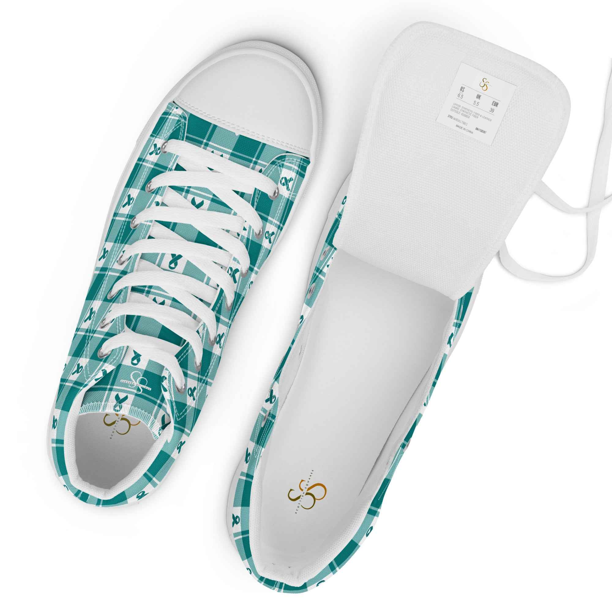 Women’s High Top Canvas Shoes Cervical Cancer Awareness Plaid, Teal Ribbon, Supportive Gift - Scottish Squares