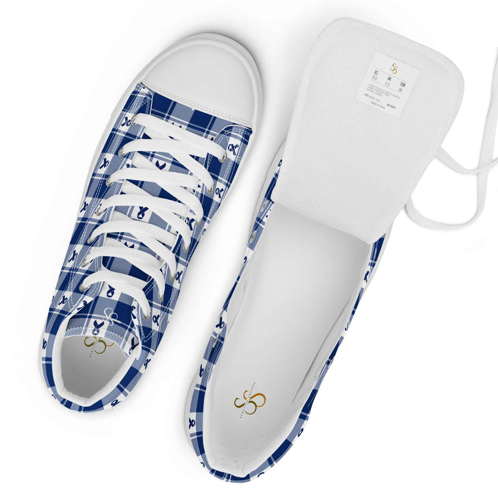 Women’s High Top Canvas Shoes Colorectal Cancer Awareness Plaid, Dark Blue Ribbon, Supportive Gift - Scottish Squares