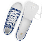 Women’s High Top Canvas Shoes Colorectal Cancer Awareness Plaid, Dark Blue Ribbon, Supportive Gift - Scottish Squares