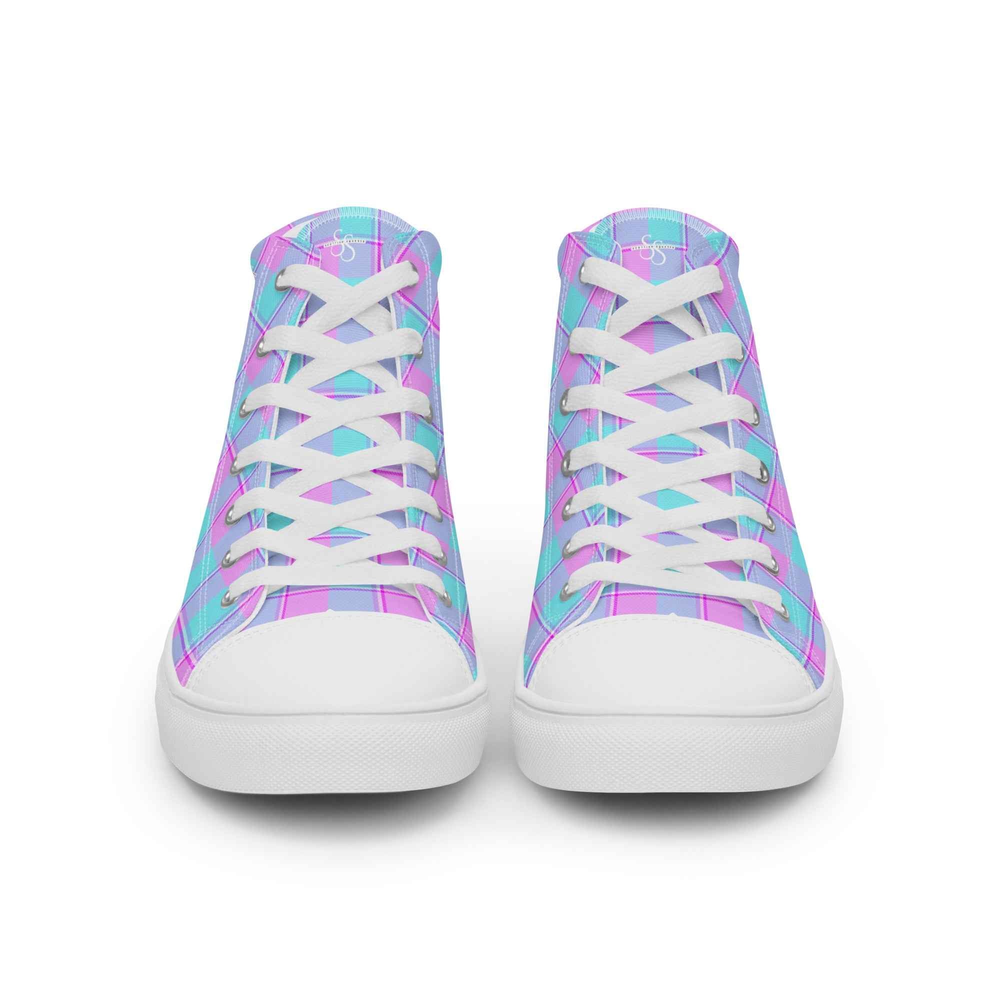 Women’s High Top Canvas Shoes Mauve and Coastal Mist Plaid - Scottish Squares