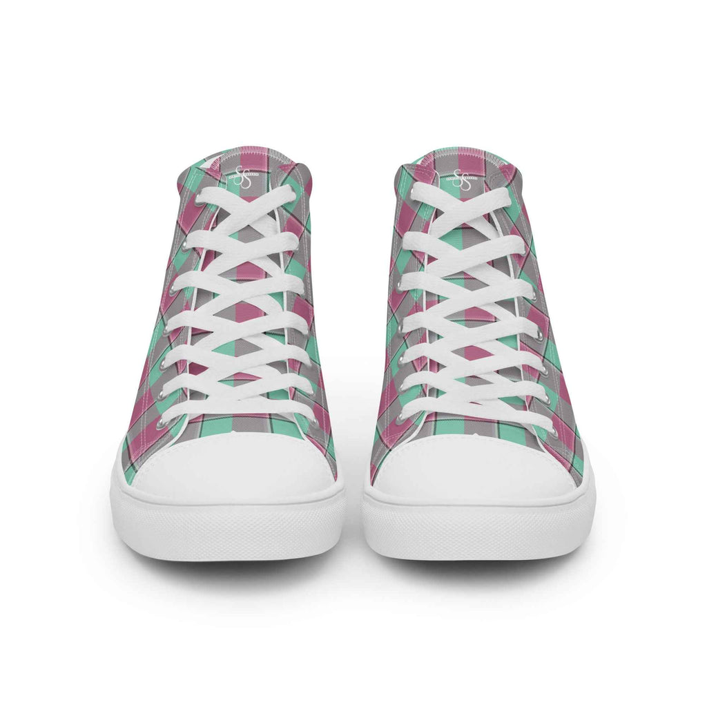 Women’s High Top Canvas Shoes Vista Blue and Turkish Rose Plaid - Scottish Squares