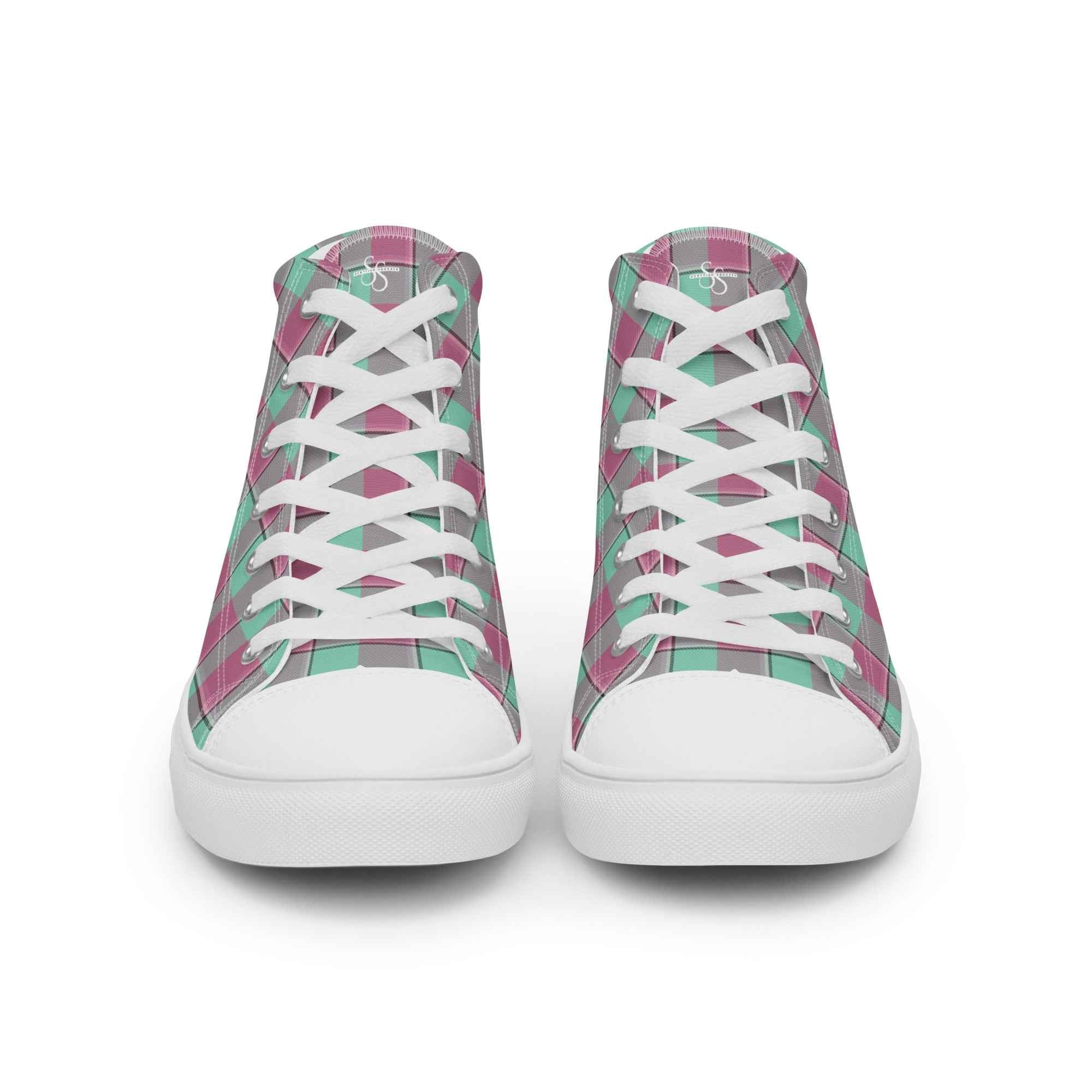 Women’s High Top Canvas Shoes Vista Blue and Turkish Rose Plaid - Scottish Squares