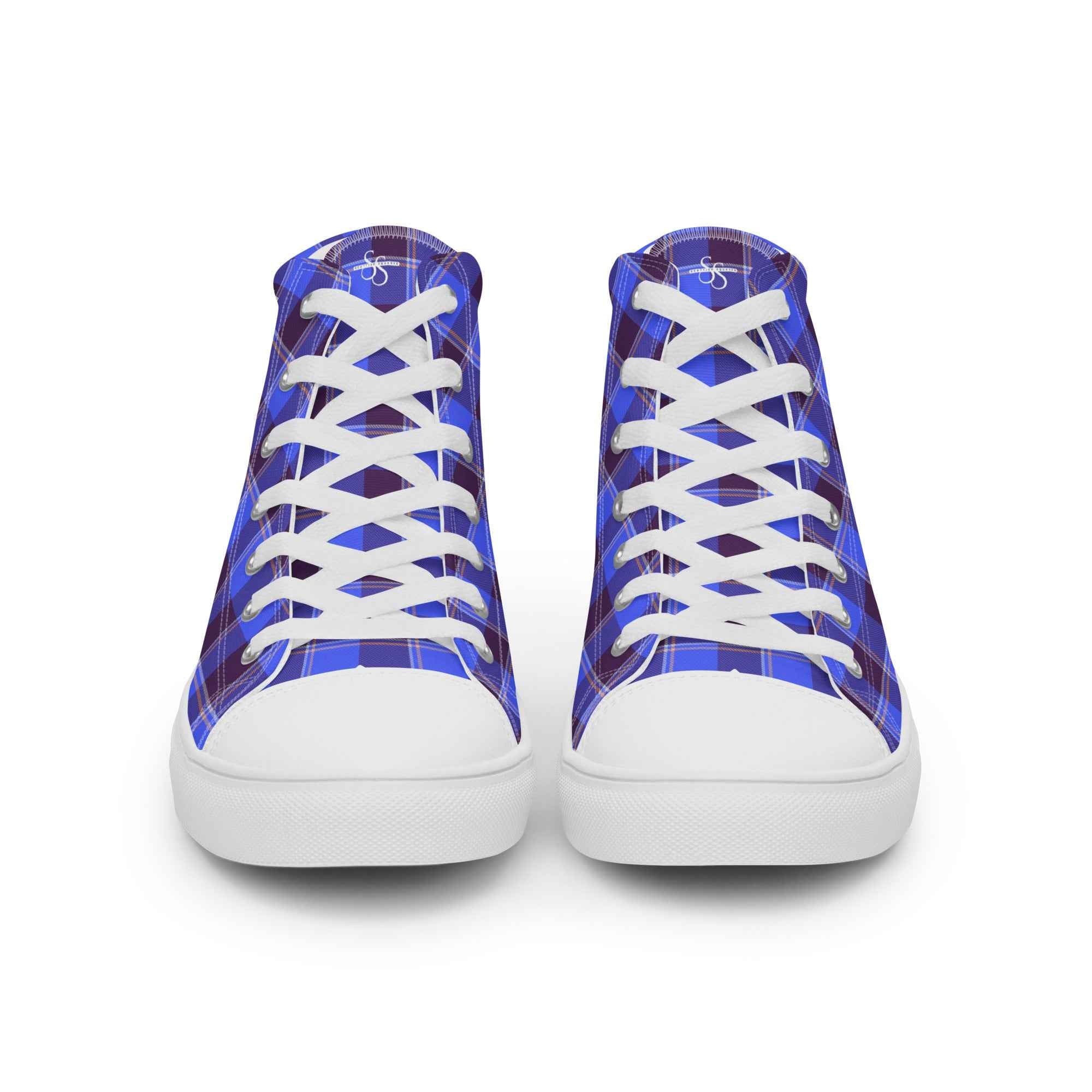 Women’s High Top Canvas Shoes Cornflower Blue and Livid Brown Plaid - Scottish Squares