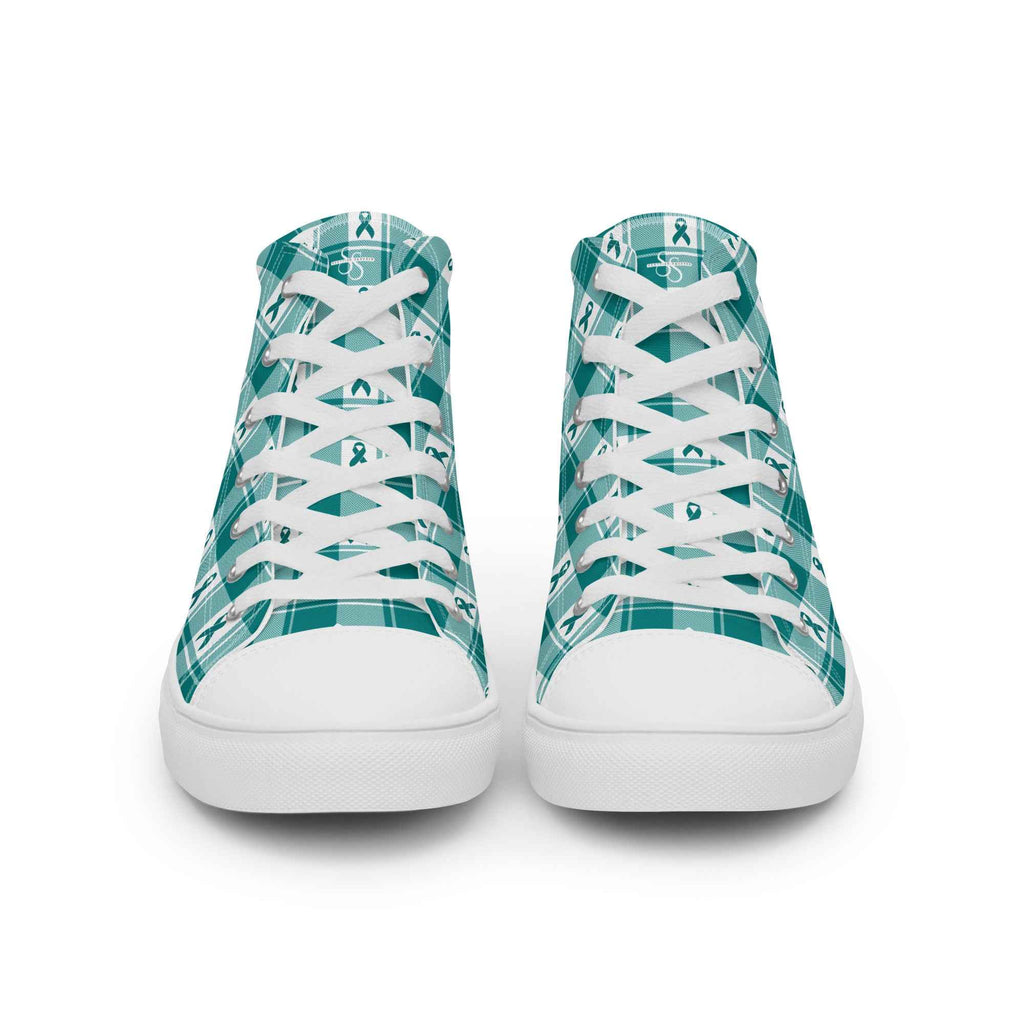 Women’s High Top Canvas Shoes Cervical Cancer Awareness Plaid, Teal Ribbon, Supportive Gift - Scottish Squares