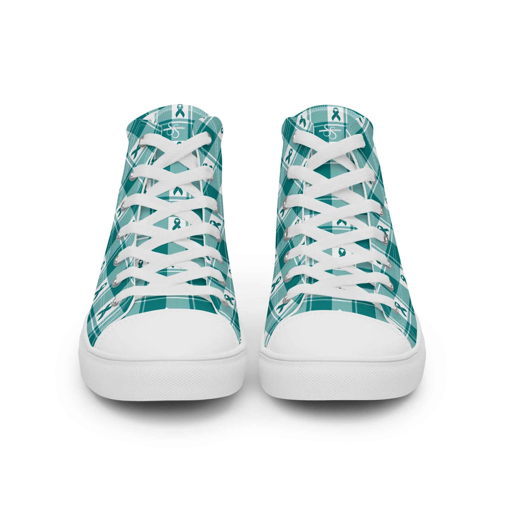Women’s High Top Canvas Shoes Cervical Cancer Awareness Plaid, Teal Ribbon, Supportive Gift - Scottish Squares