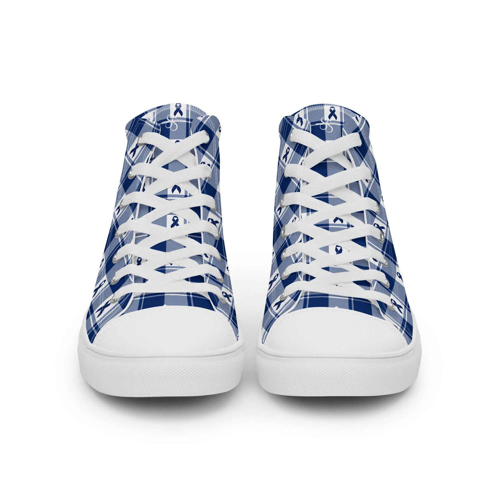 Women’s High Top Canvas Shoes Colorectal Cancer Awareness Plaid, Dark Blue Ribbon, Supportive Gift - Scottish Squares