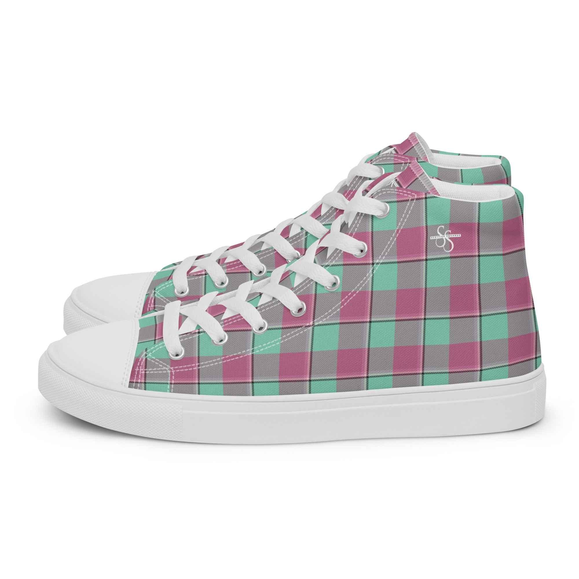 Women’s High Top Canvas Shoes Vista Blue and Turkish Rose Plaid - Scottish Squares