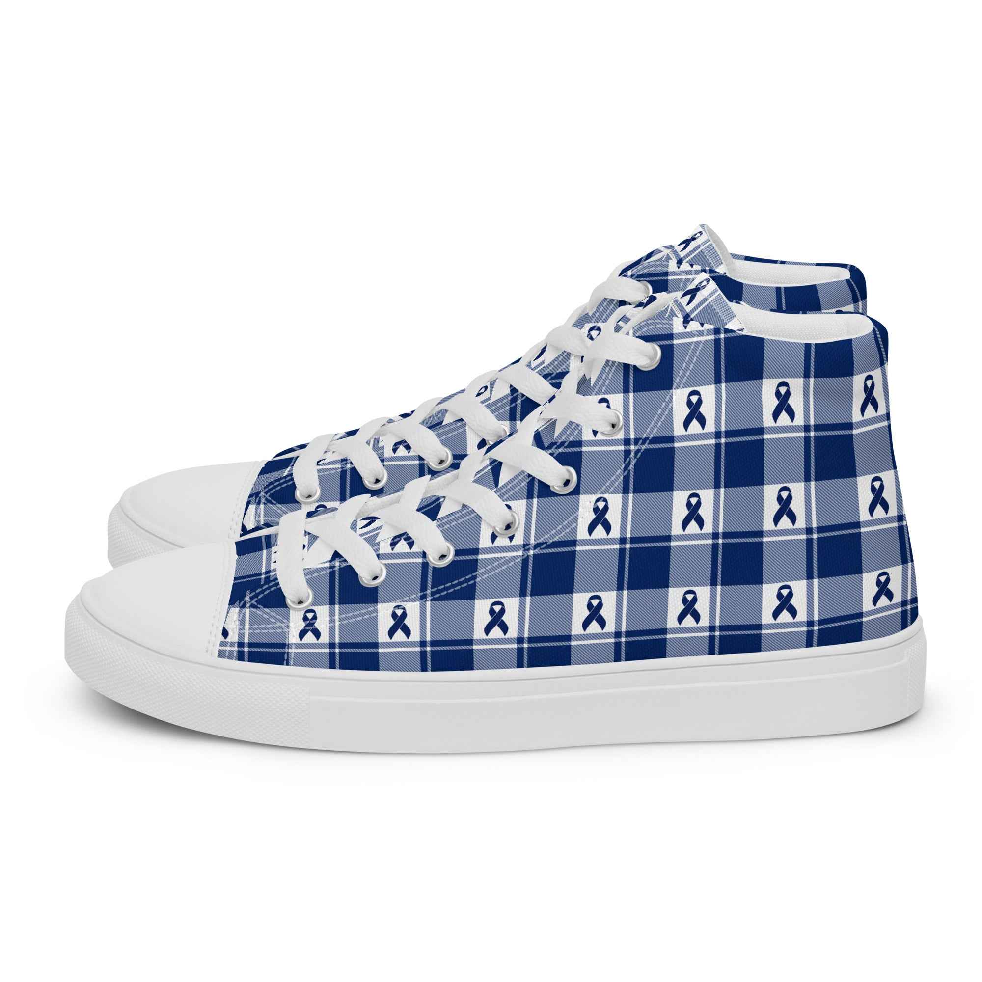 Women’s High Top Canvas Shoes Colorectal Cancer Awareness Plaid, Dark Blue Ribbon, Supportive Gift - Scottish Squares