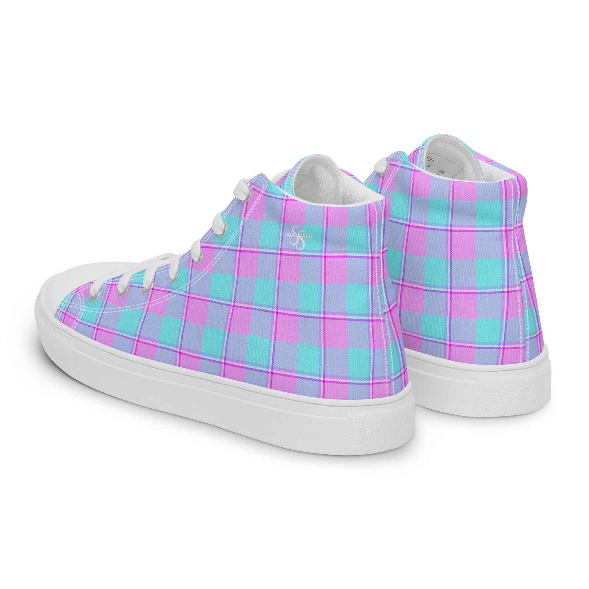 Women’s High Top Canvas Shoes Mauve and Coastal Mist Plaid - Scottish Squares
