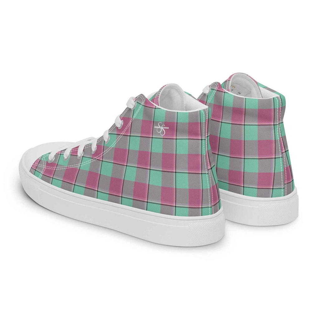 Women’s High Top Canvas Shoes Vista Blue and Turkish Rose Plaid - Scottish Squares