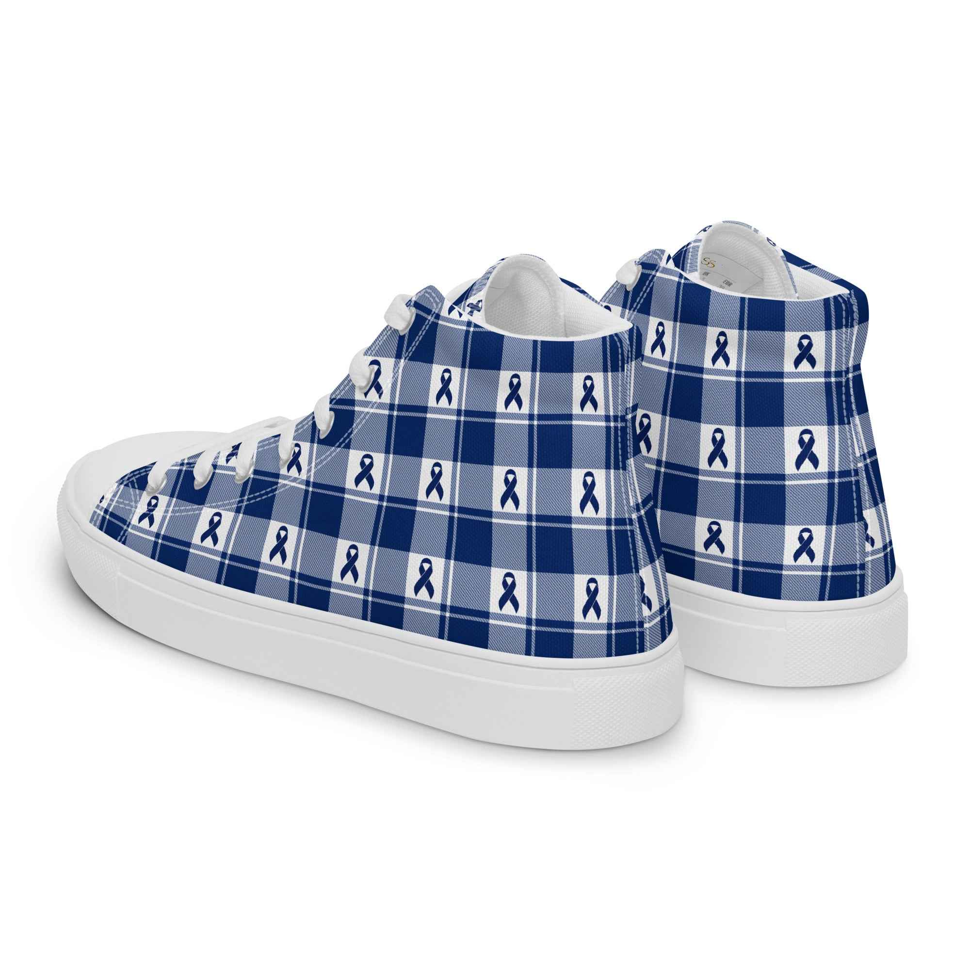 Women’s High Top Canvas Shoes Colorectal Cancer Awareness Plaid, Dark Blue Ribbon, Supportive Gift - Scottish Squares