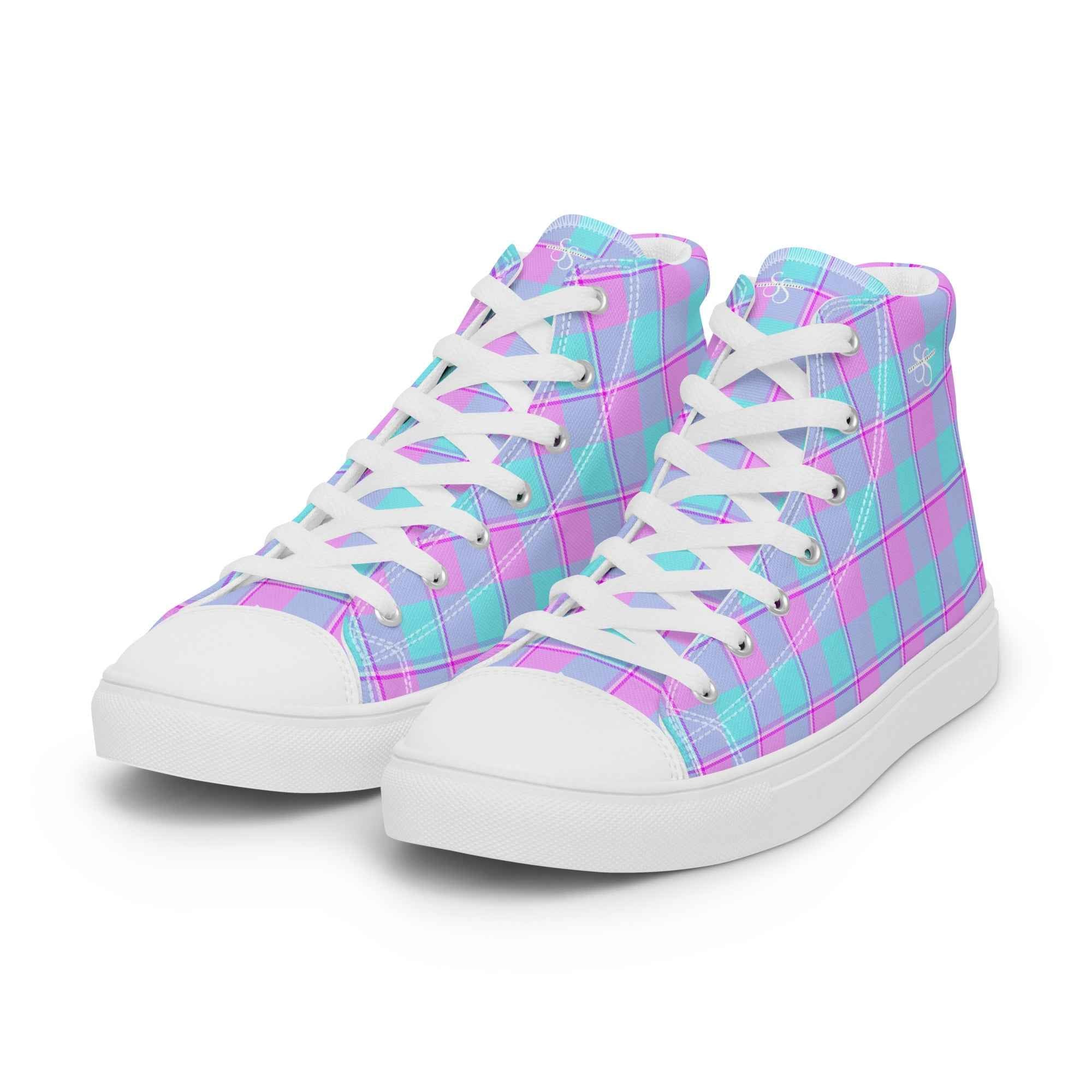 Women’s High Top Canvas Shoes Mauve and Coastal Mist Plaid - Scottish Squares
