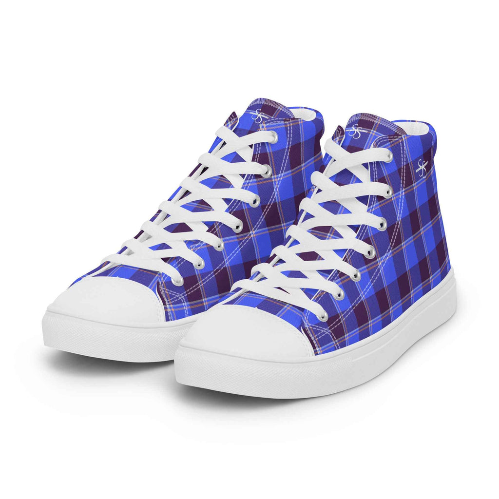 Women’s High Top Canvas Shoes Cornflower Blue and Livid Brown Plaid - Scottish Squares