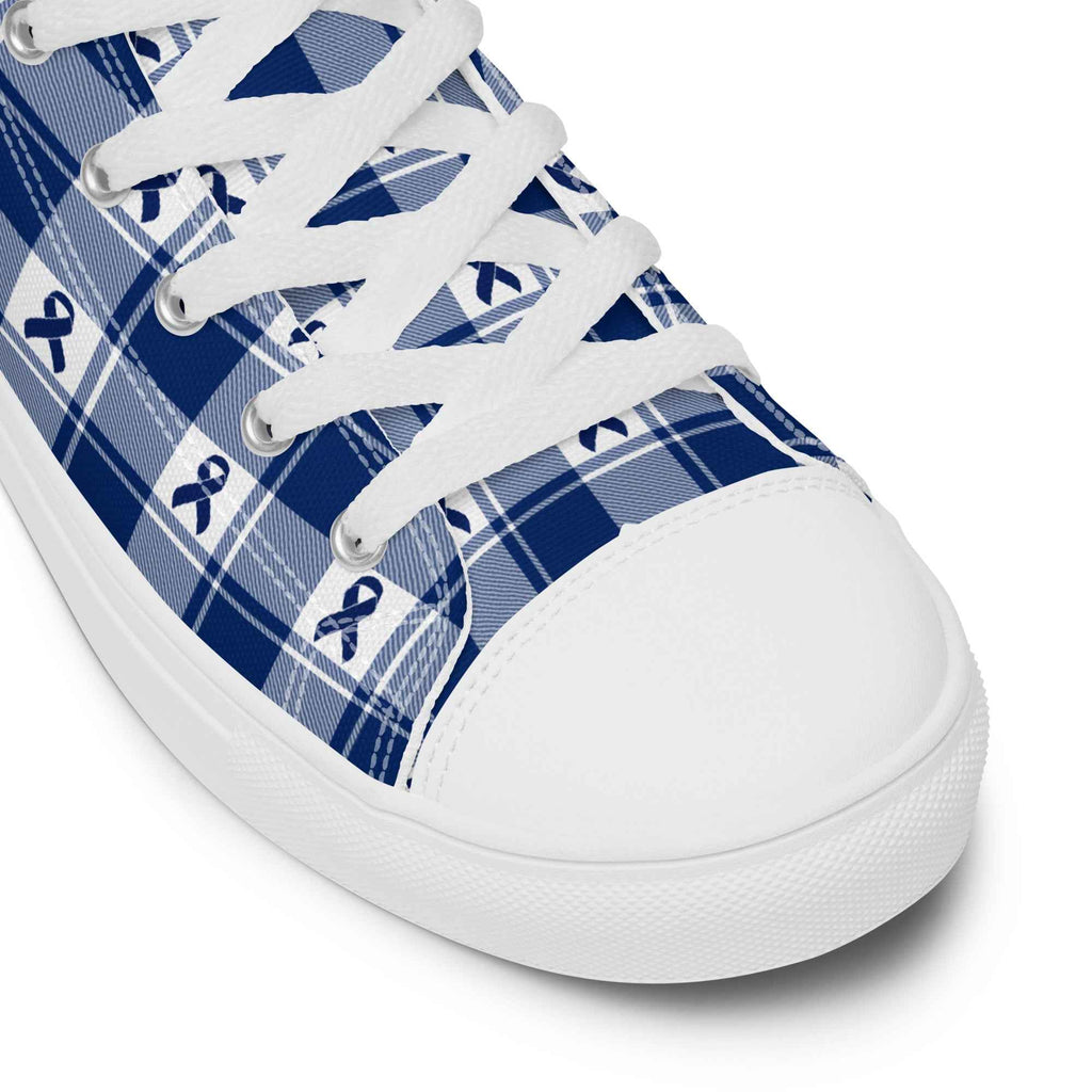 Women’s High Top Canvas Shoes Colorectal Cancer Awareness Plaid, Dark Blue Ribbon, Supportive Gift - Scottish Squares
