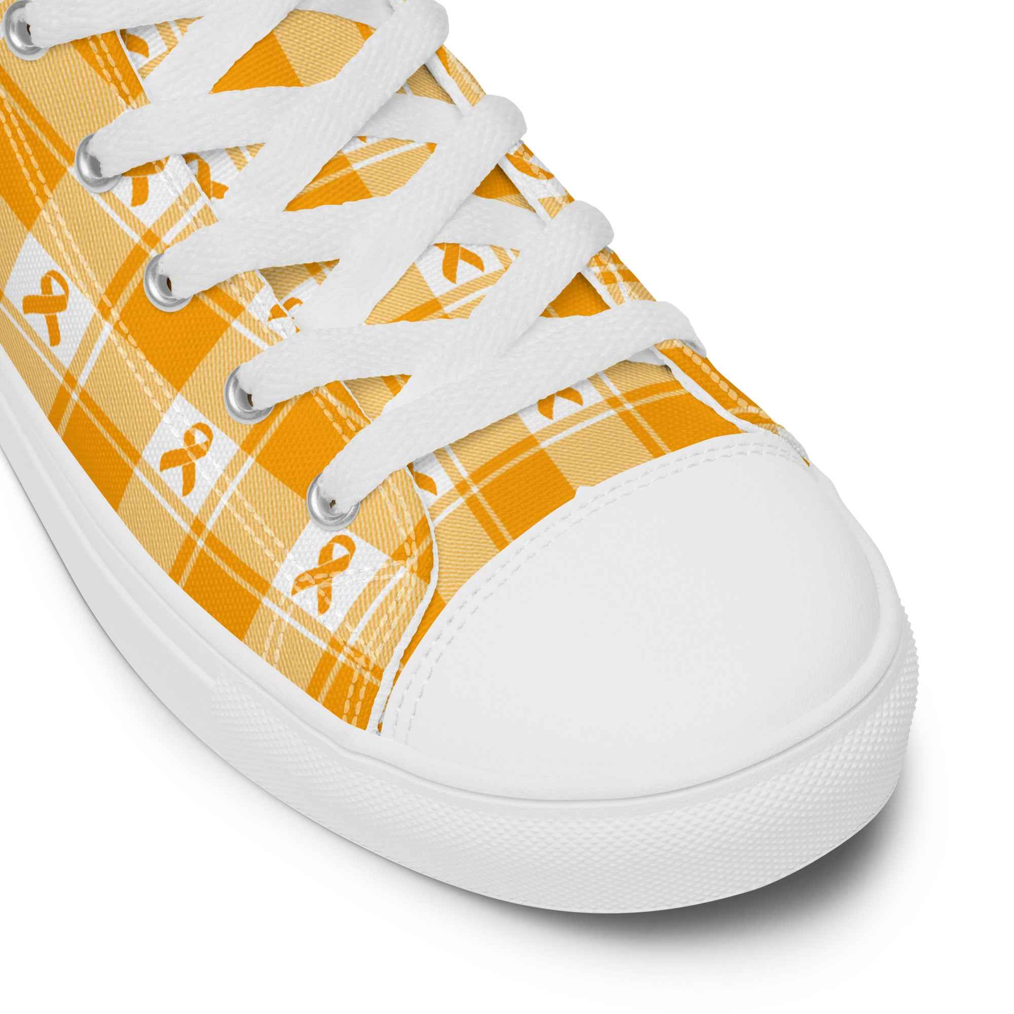 Women’s High Top Canvas Shoes Kidney Cancer Awareness Plaid, Orange Ribbon, Supportive Gift - Scottish Squares