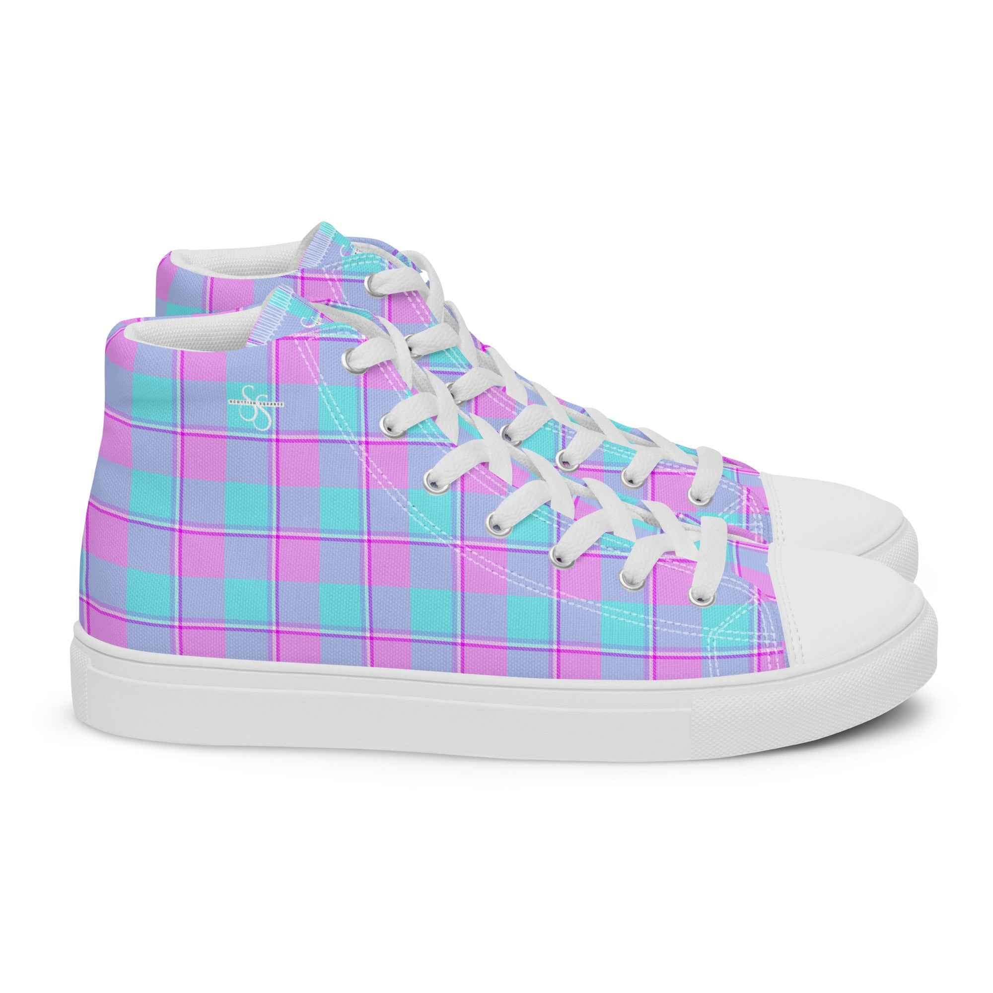 Women’s High Top Canvas Shoes Mauve and Coastal Mist Plaid 12 - Scottish Squares