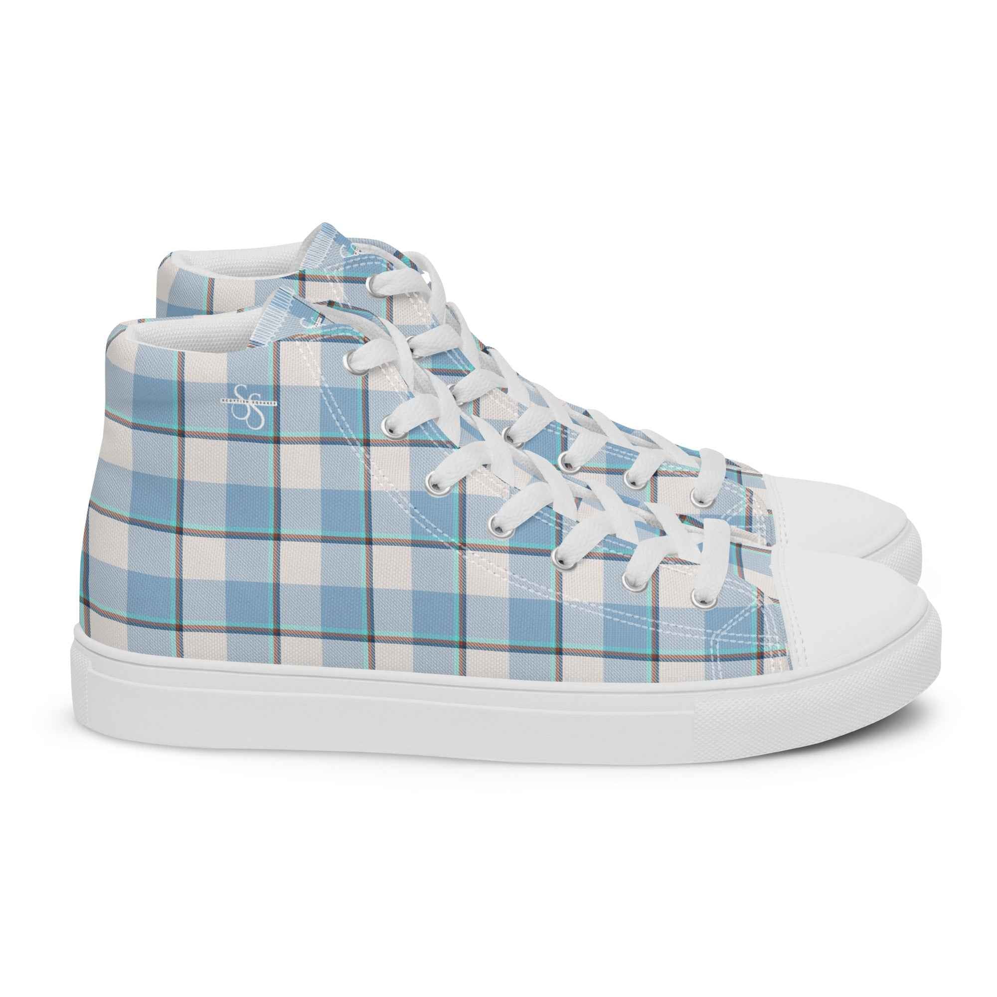 Women’s High Top Canvas Shoes Pink Cloud and Blue Lagoon Plaid 12 - Scottish Squares