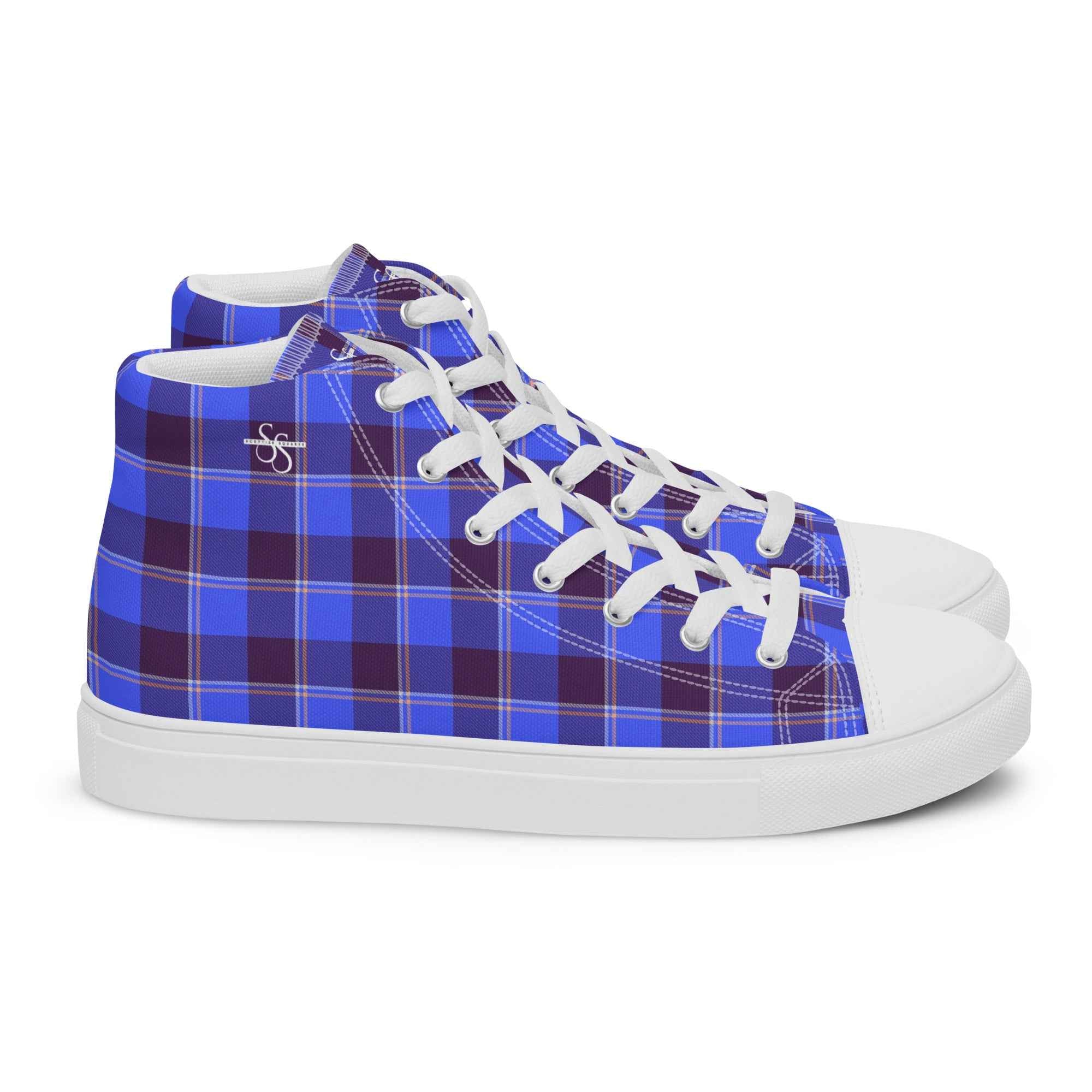 Women’s High Top Canvas Shoes Cornflower Blue and Livid Brown Plaid 12 - Scottish Squares