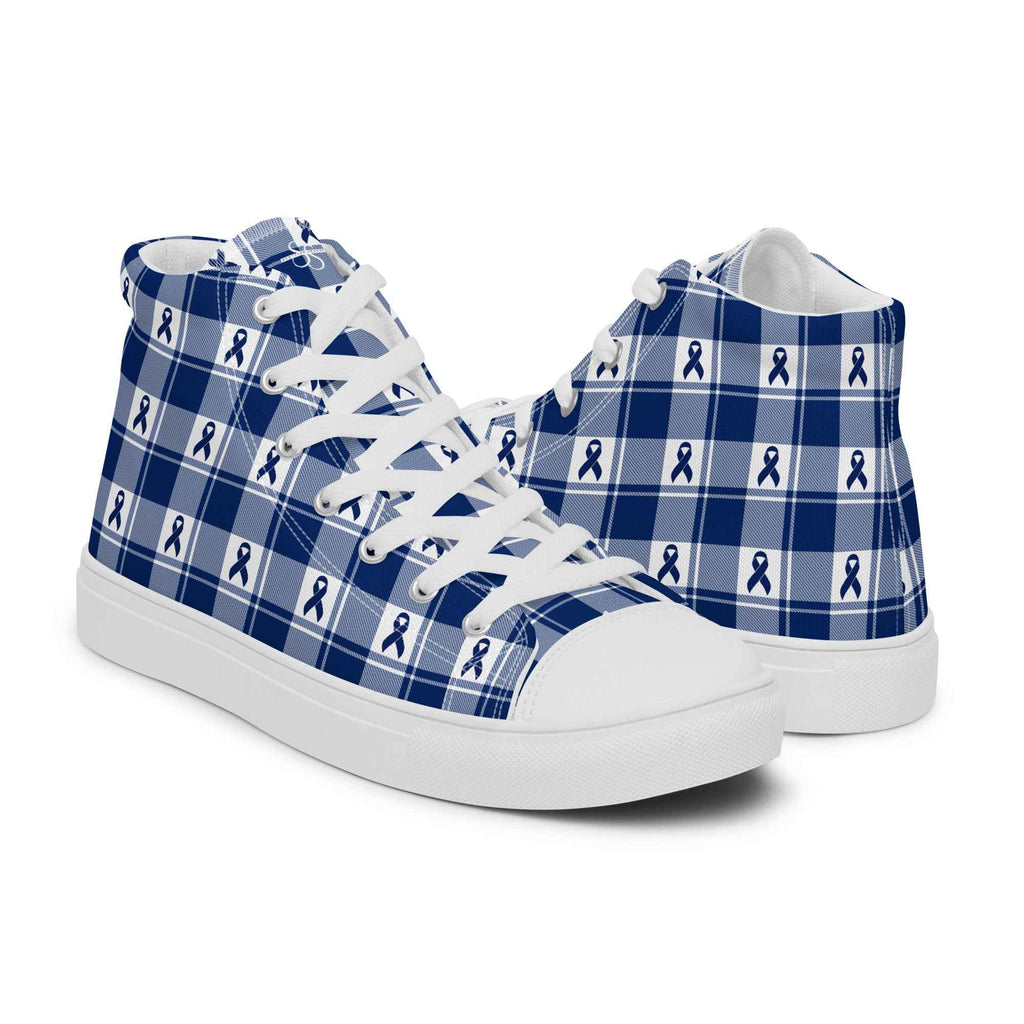 Women’s High Top Canvas Shoes Colorectal Cancer Awareness Plaid, Dark Blue Ribbon, Supportive Gift - Scottish Squares