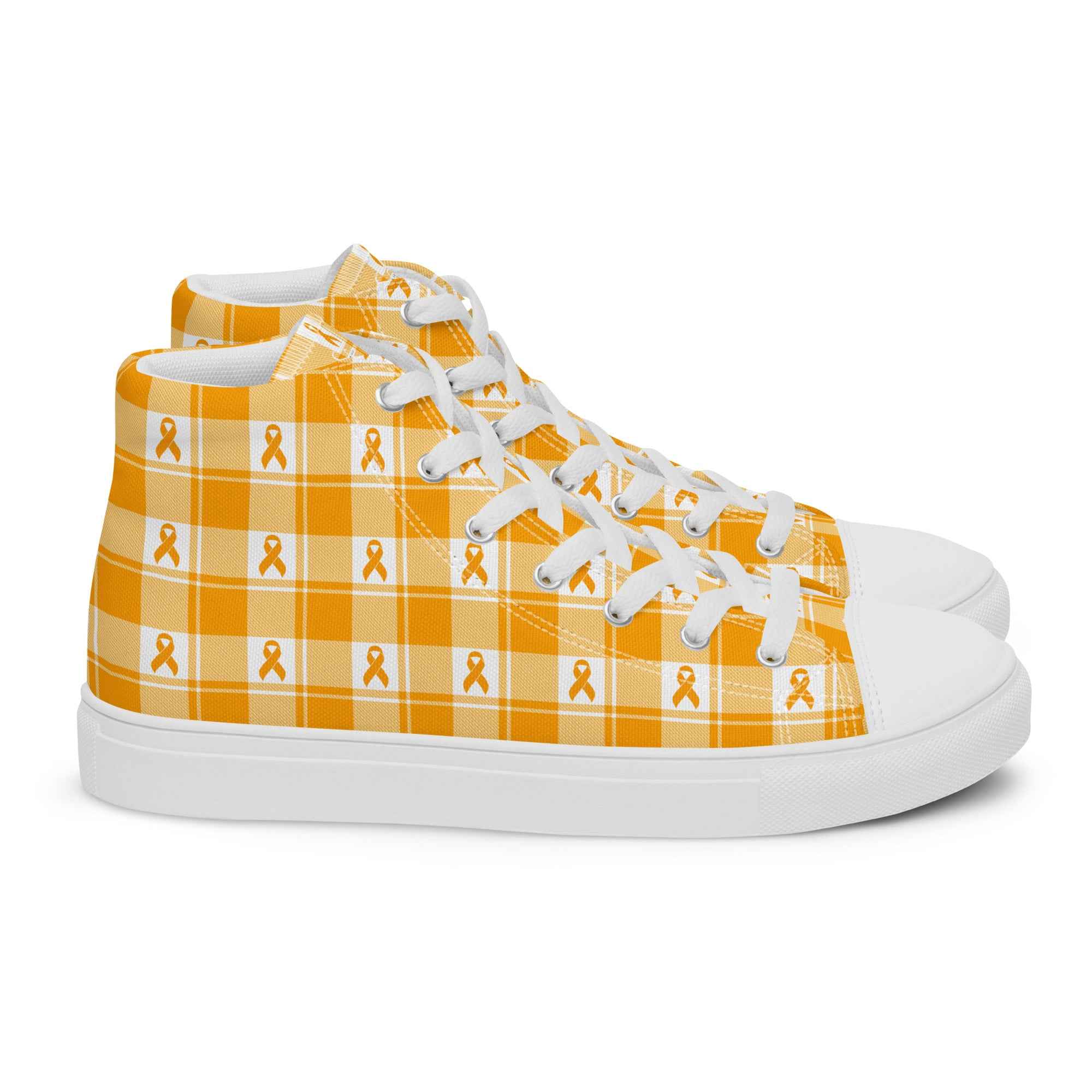 Women’s High Top Canvas Shoes Kidney Cancer Awareness Plaid, Orange Ribbon, Supportive Gift 12 - Scottish Squares