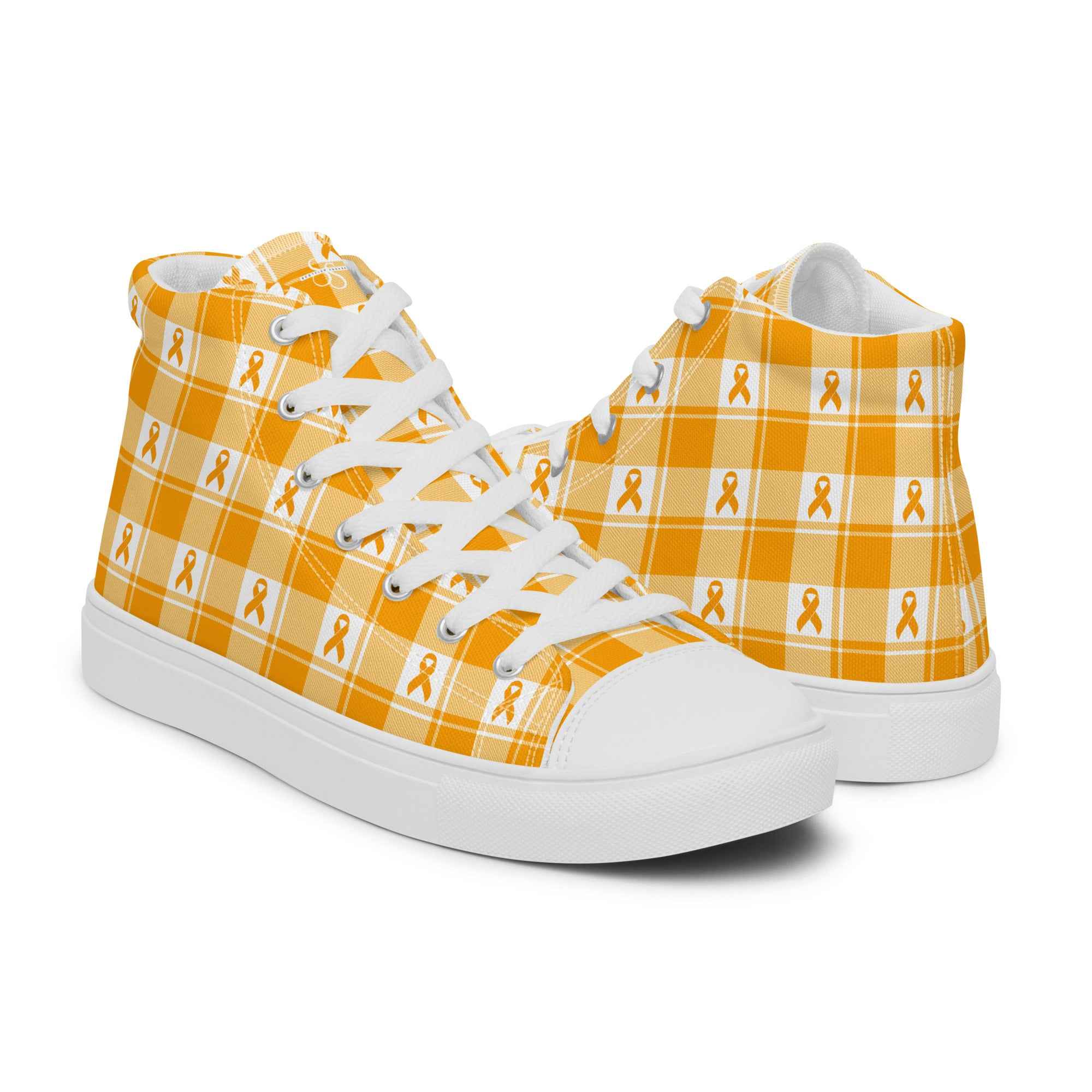 Women’s High Top Canvas Shoes Kidney Cancer Awareness Plaid, Orange Ribbon, Supportive Gift - Scottish Squares