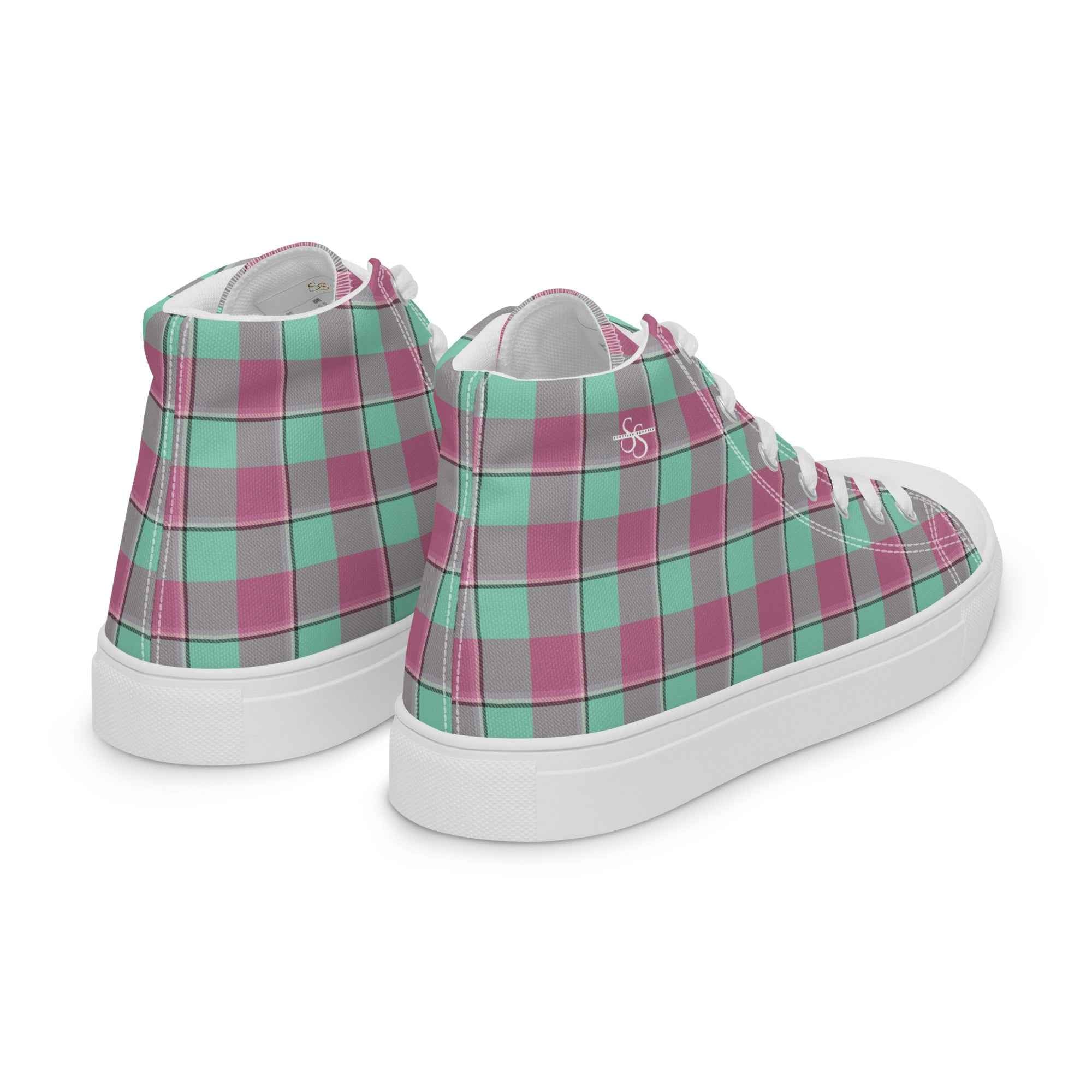 Women’s High Top Canvas Shoes Vista Blue and Turkish Rose Plaid - Scottish Squares