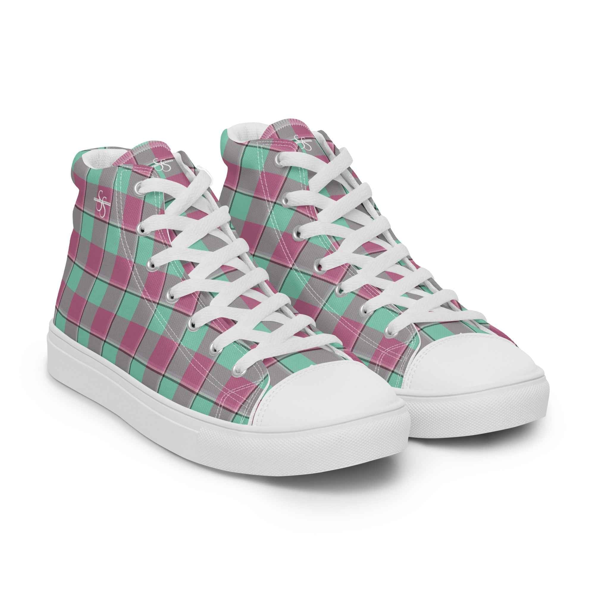 Women’s High Top Canvas Shoes Vista Blue and Turkish Rose Plaid - Scottish Squares