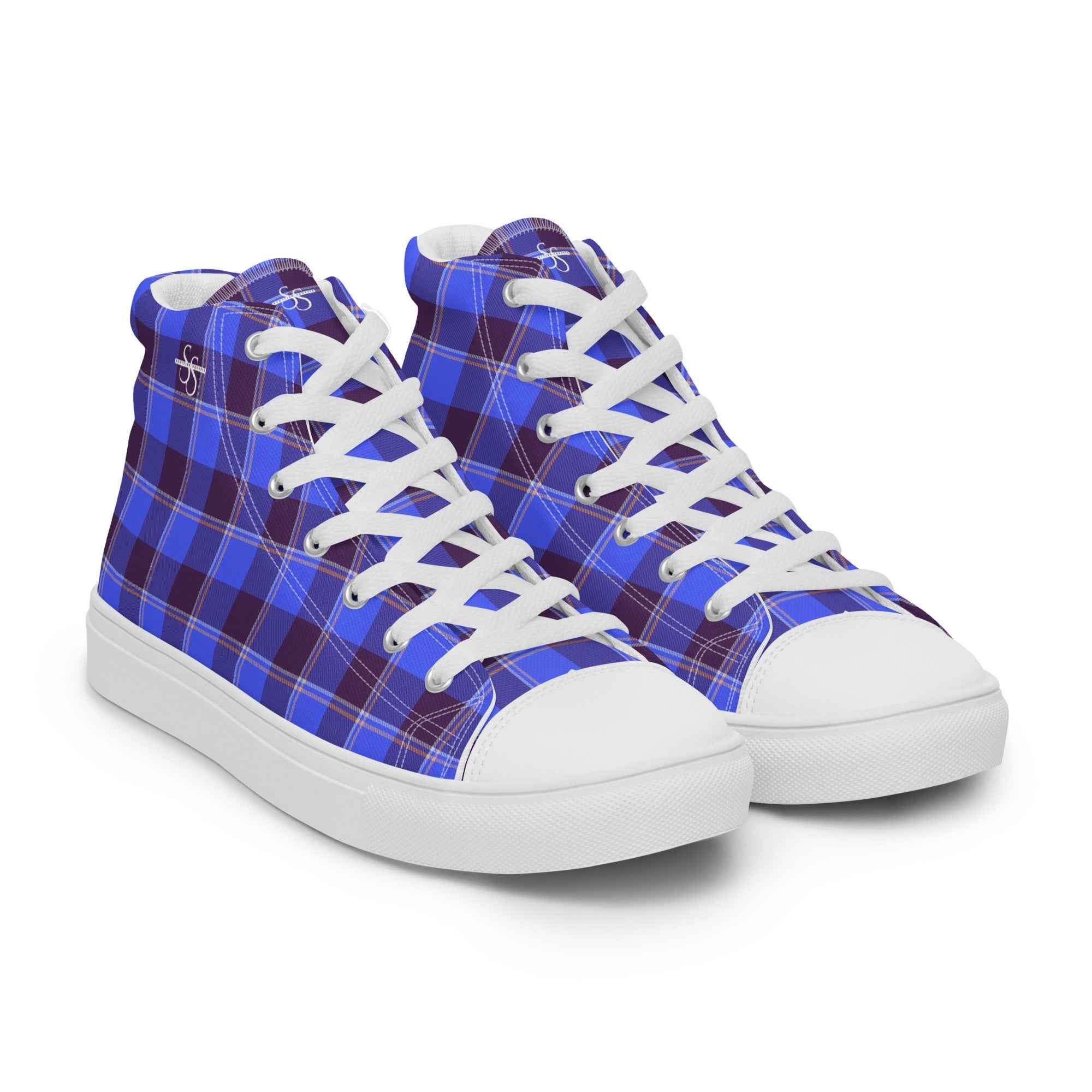 Women’s High Top Canvas Shoes Cornflower Blue and Livid Brown Plaid - Scottish Squares