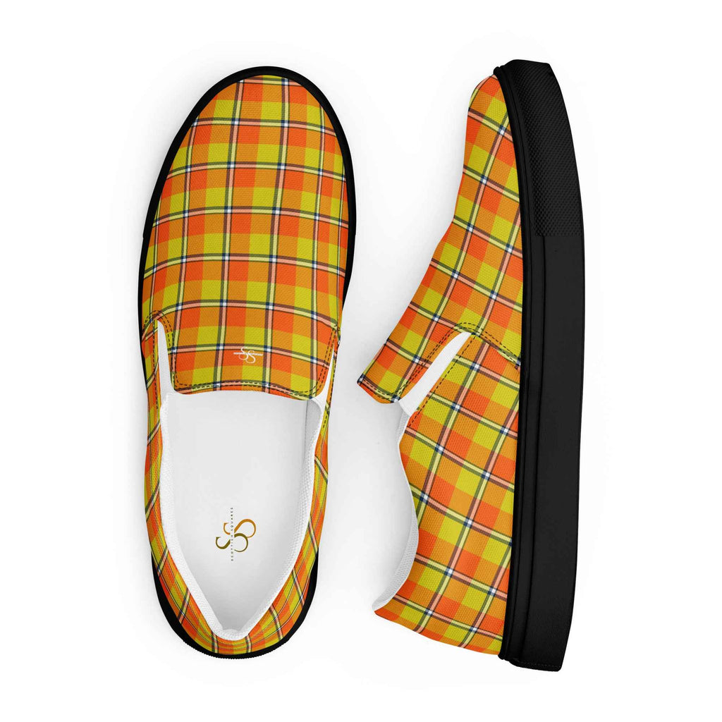 Women’s Slip-On Canvas Shoes Blaze Orange and Bird Flower Plaid - Scottish Squares