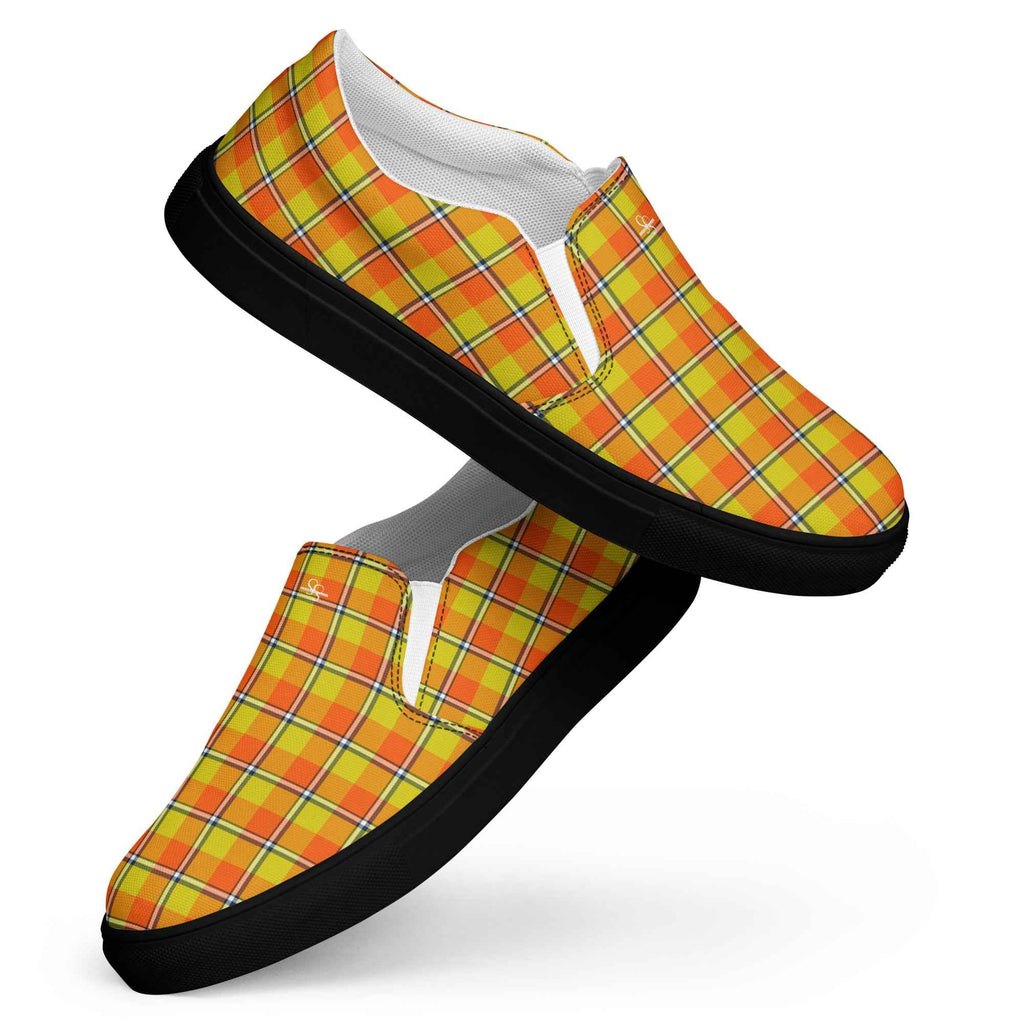 Women’s Slip-On Canvas Shoes Blaze Orange and Bird Flower Plaid - Scottish Squares