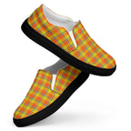 Women’s Slip-On Canvas Shoes Blaze Orange and Bird Flower Plaid - Scottish Squares