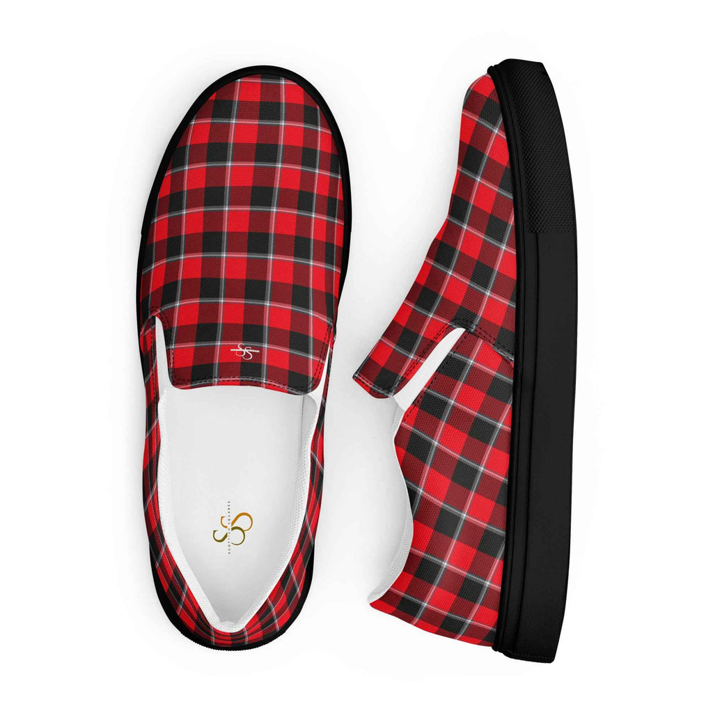 Women’s Slip-On Canvas Shoes Red Ribbon and Heavy Metal Plaid - Scottish Squares
