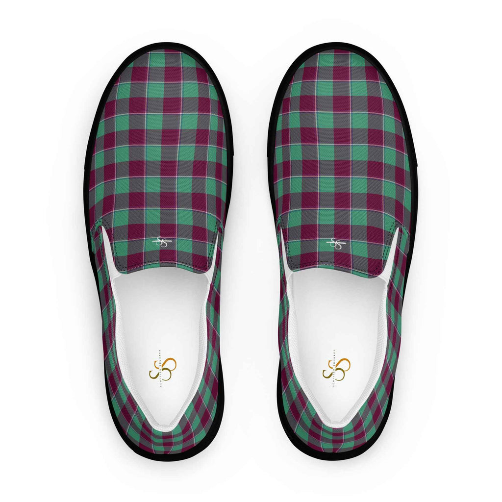 Women’s Slip-On Canvas Shoes Ocean Green and Mulberry Wood Plaid 12 - Scottish Squares