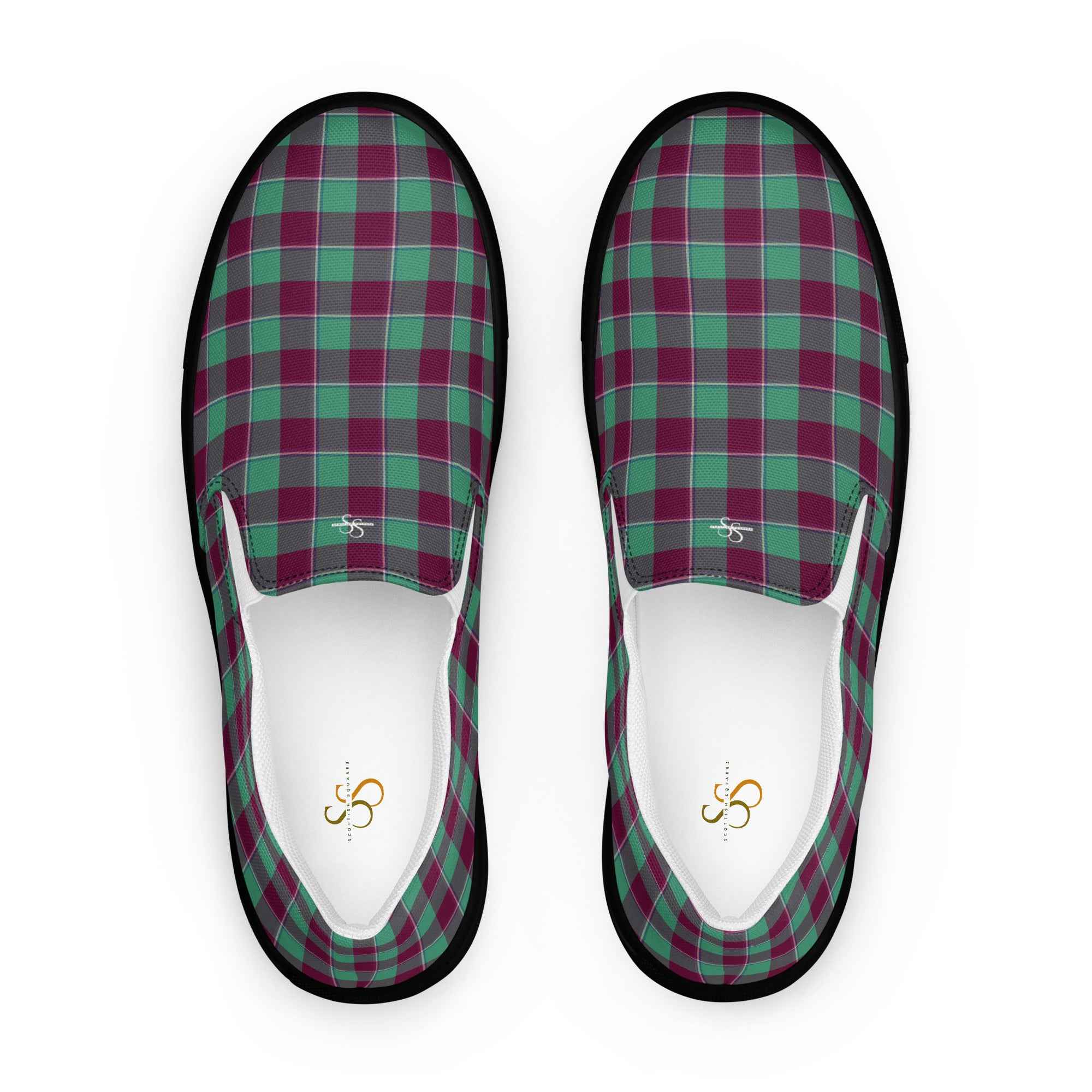 Women’s Slip-On Canvas Shoes Ocean Green and Mulberry Wood Plaid 12 - Scottish Squares