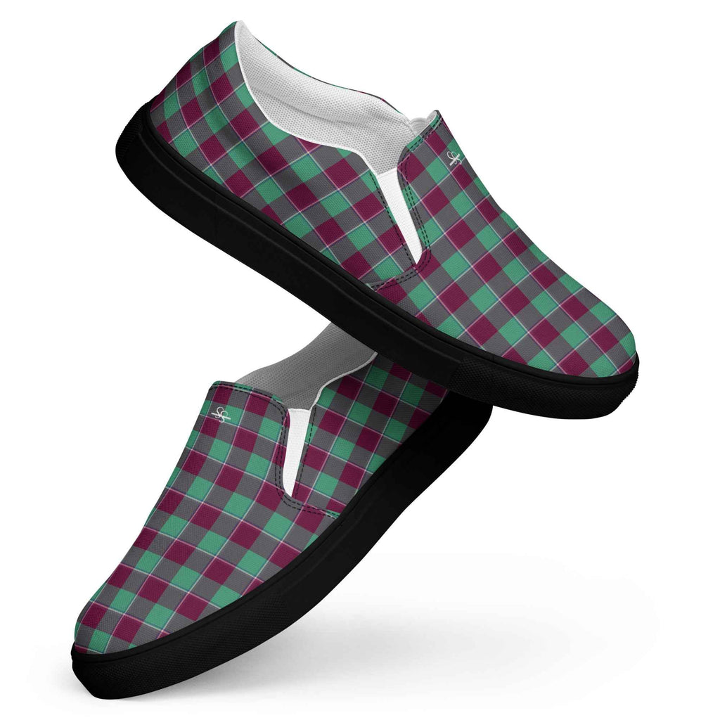 Women’s Slip-On Canvas Shoes Ocean Green and Mulberry Wood Plaid - Scottish Squares