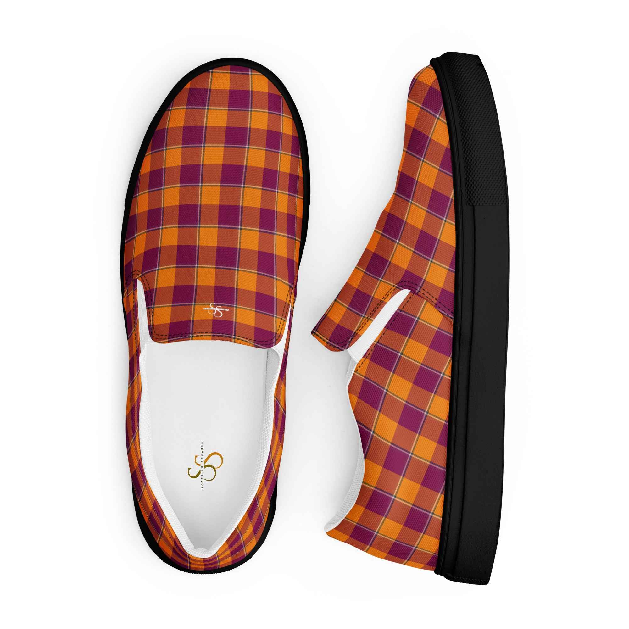 Women’s Slip-On Canvas Shoes Tahiti Gold and Rose Bud Cherry Plaid - Scottish Squares