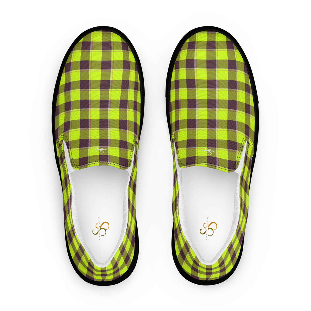 Women’s Slip-On Canvas Shoes Electric Lime and Livid Brown Plaid 12 - Scottish Squares