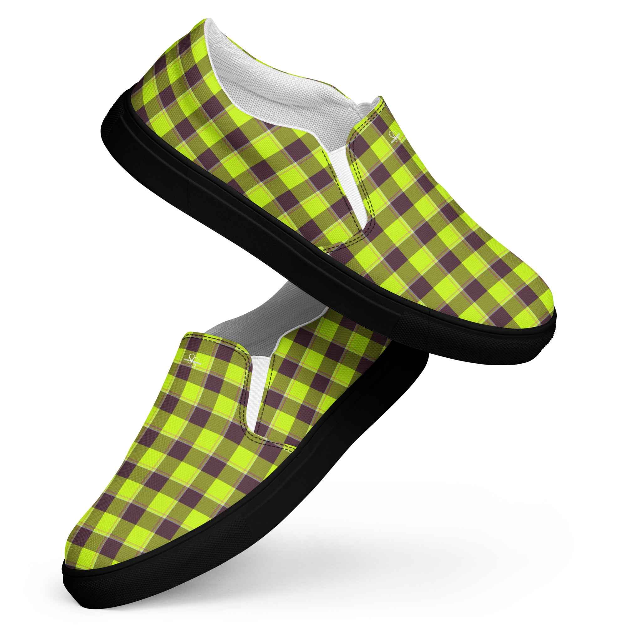 Women’s Slip-On Canvas Shoes Electric Lime and Livid Brown Plaid - Scottish Squares