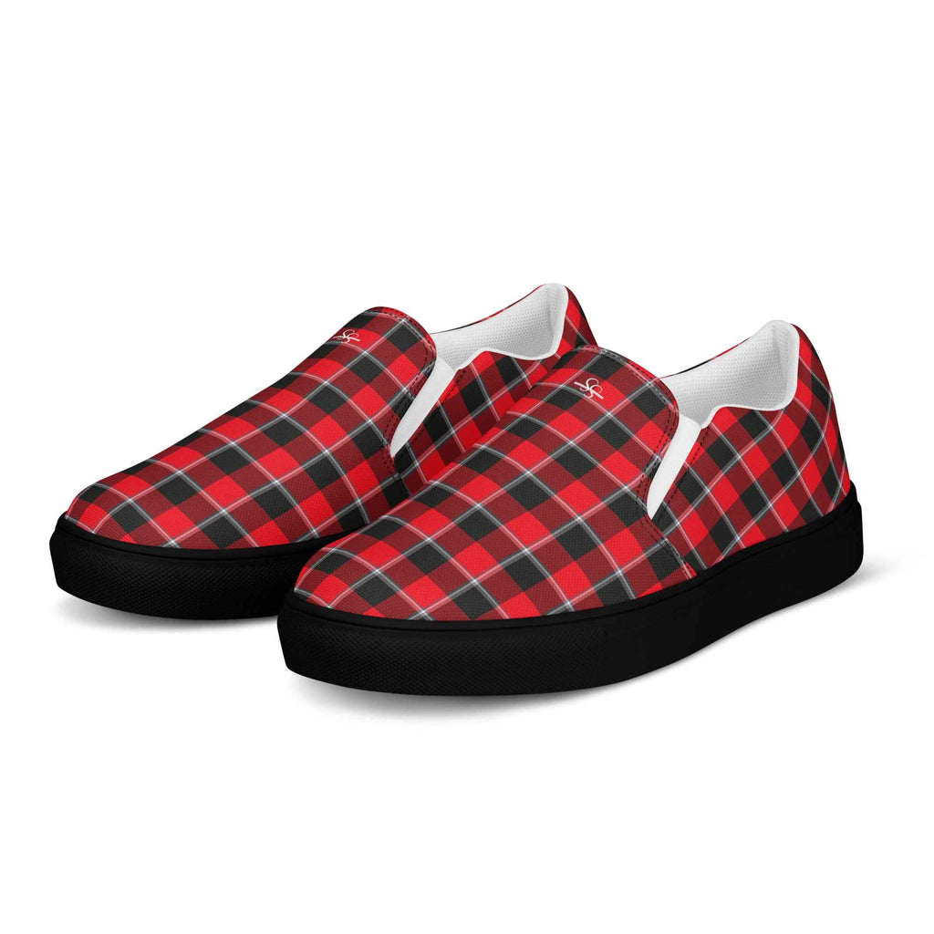 Women’s Slip-On Canvas Shoes Red Ribbon and Heavy Metal Plaid - Scottish Squares