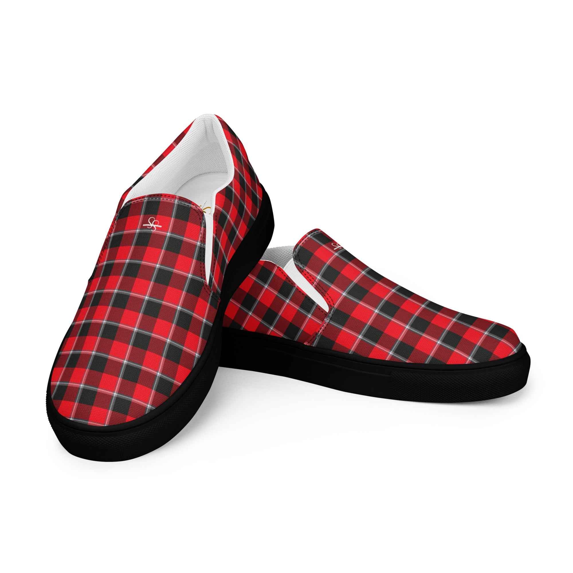 Women’s Slip-On Canvas Shoes Red Ribbon and Heavy Metal Plaid - Scottish Squares