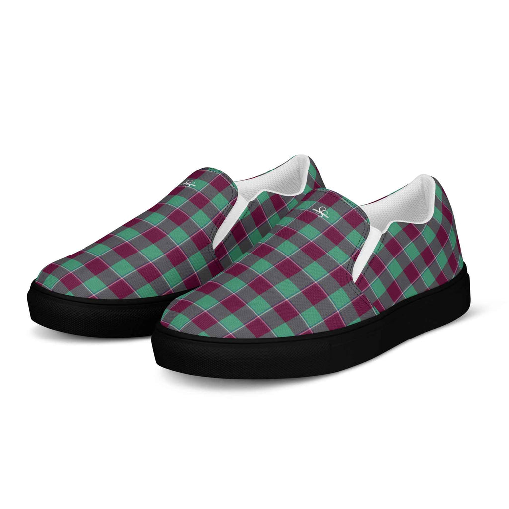 Women’s Slip-On Canvas Shoes Ocean Green and Mulberry Wood Plaid - Scottish Squares