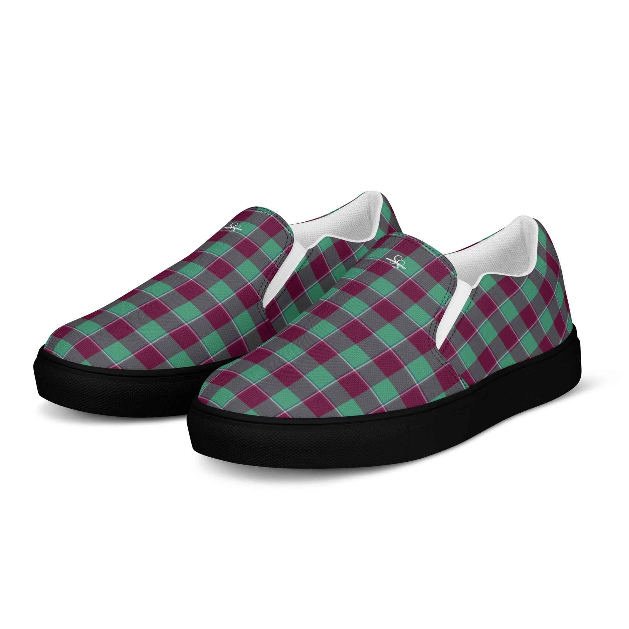 Women’s Slip-On Canvas Shoes Ocean Green and Mulberry Wood Plaid - Scottish Squares