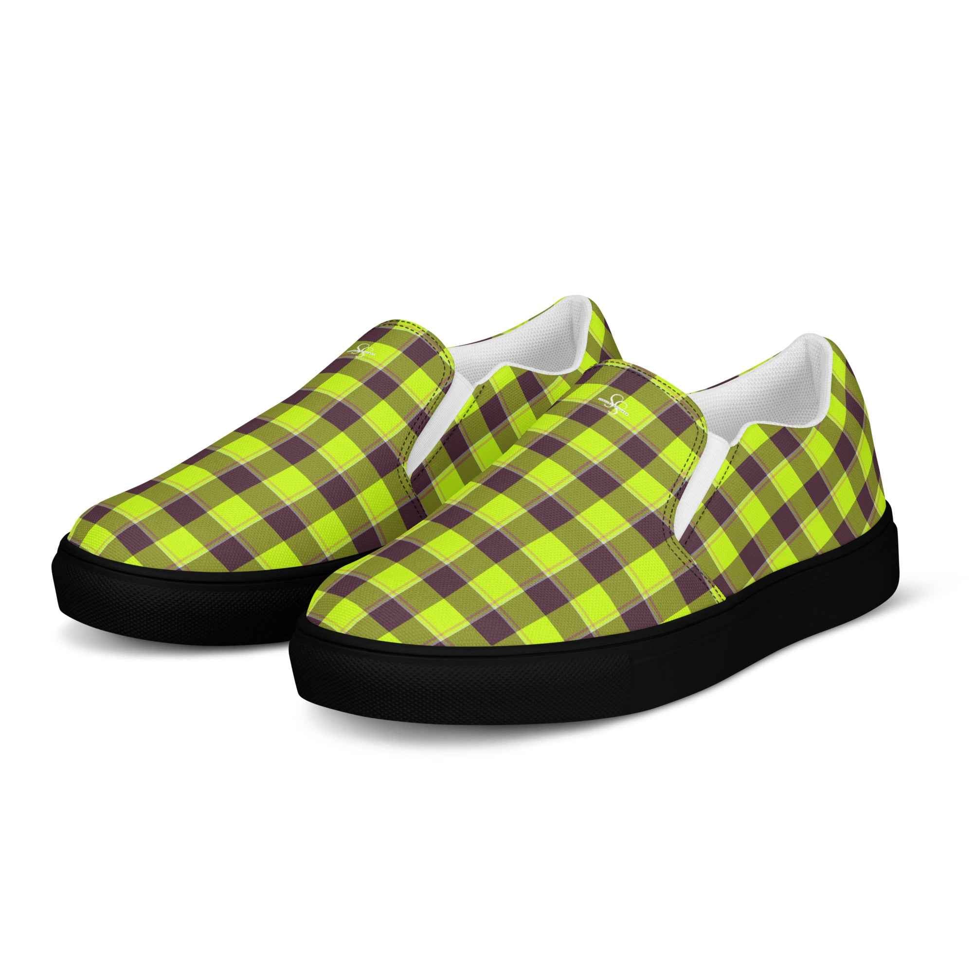 Women’s Slip-On Canvas Shoes Electric Lime and Livid Brown Plaid - Scottish Squares